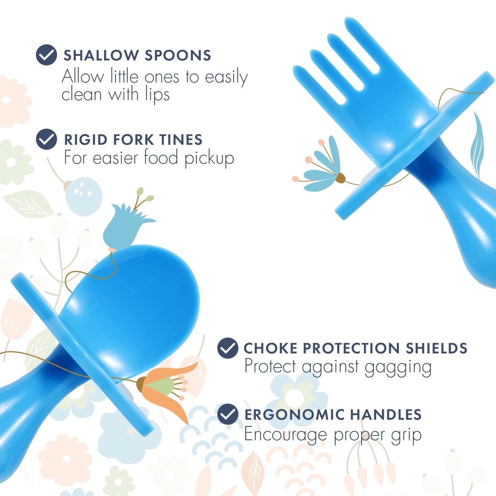 Nooli Baby Self Feeding Utensils Set - BPA & Phthalate-Free Toddler Forks & Spoons - Dishwasher & Sterilizer Safe - Blue - Perfect for Baby-Led Weaning & Independent Eating Practice