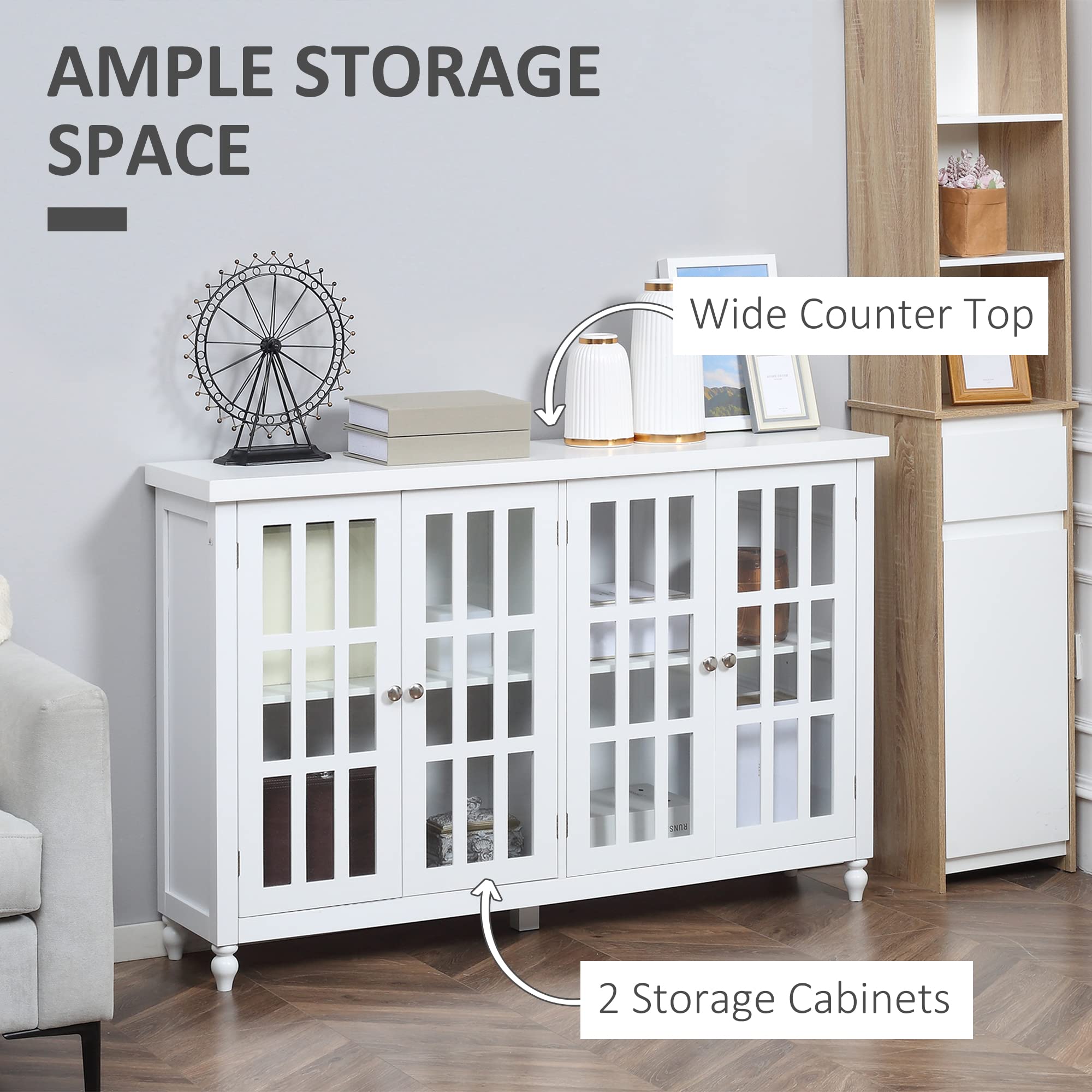 HOMCOM White Sideboard Buffet Cabinet with 4 Tempered Glass Doors, Adjustable Storage Shelf & Stripe Pattern - Modern Credenza for Dining Room, Living Room, or Entryway Storage