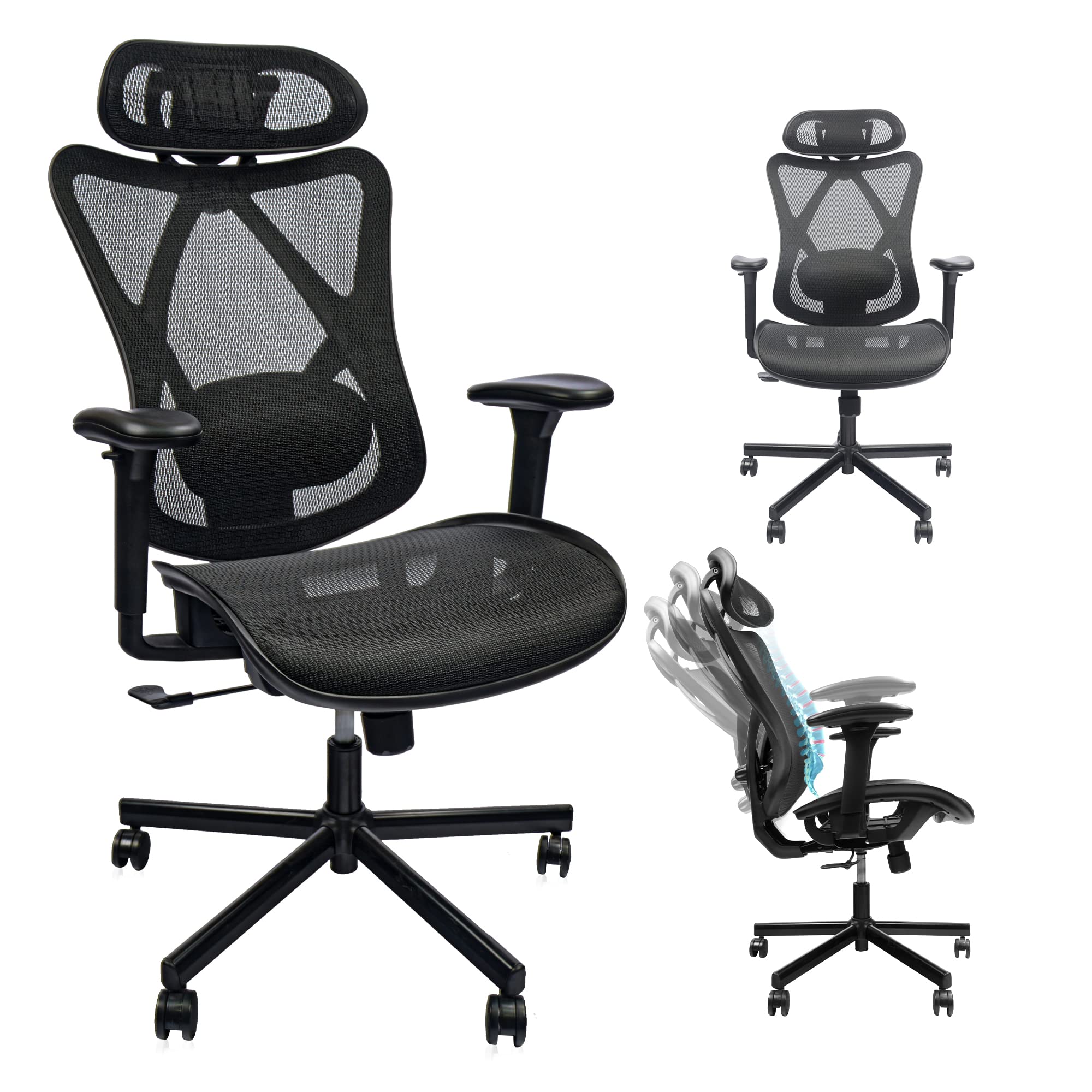 Ergonomic Mesh Office Chair with Adjustable Lumbar Support, Headrest & Wheels - High Back Desk Chair for Home Office, Gaming & Work - Breathable Comfort for Long Hours Sitting
