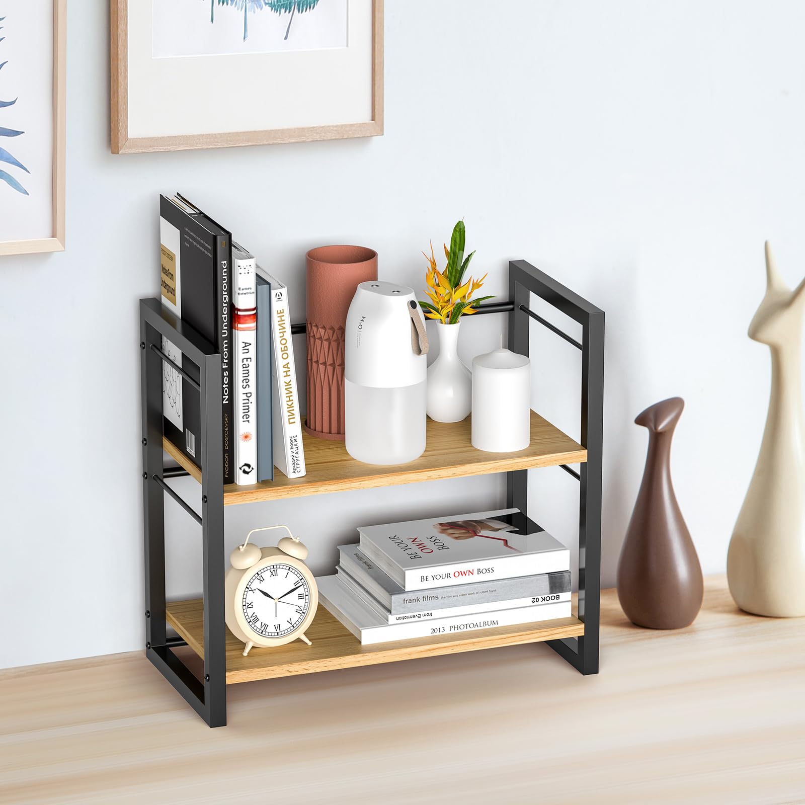 2-Tier Black Wooden Desk Organizer Shelf - Office & Dresser Storage Rack for Books, Supplies & Accessories - Perfect for Home Office, Study & Bedroom Organization