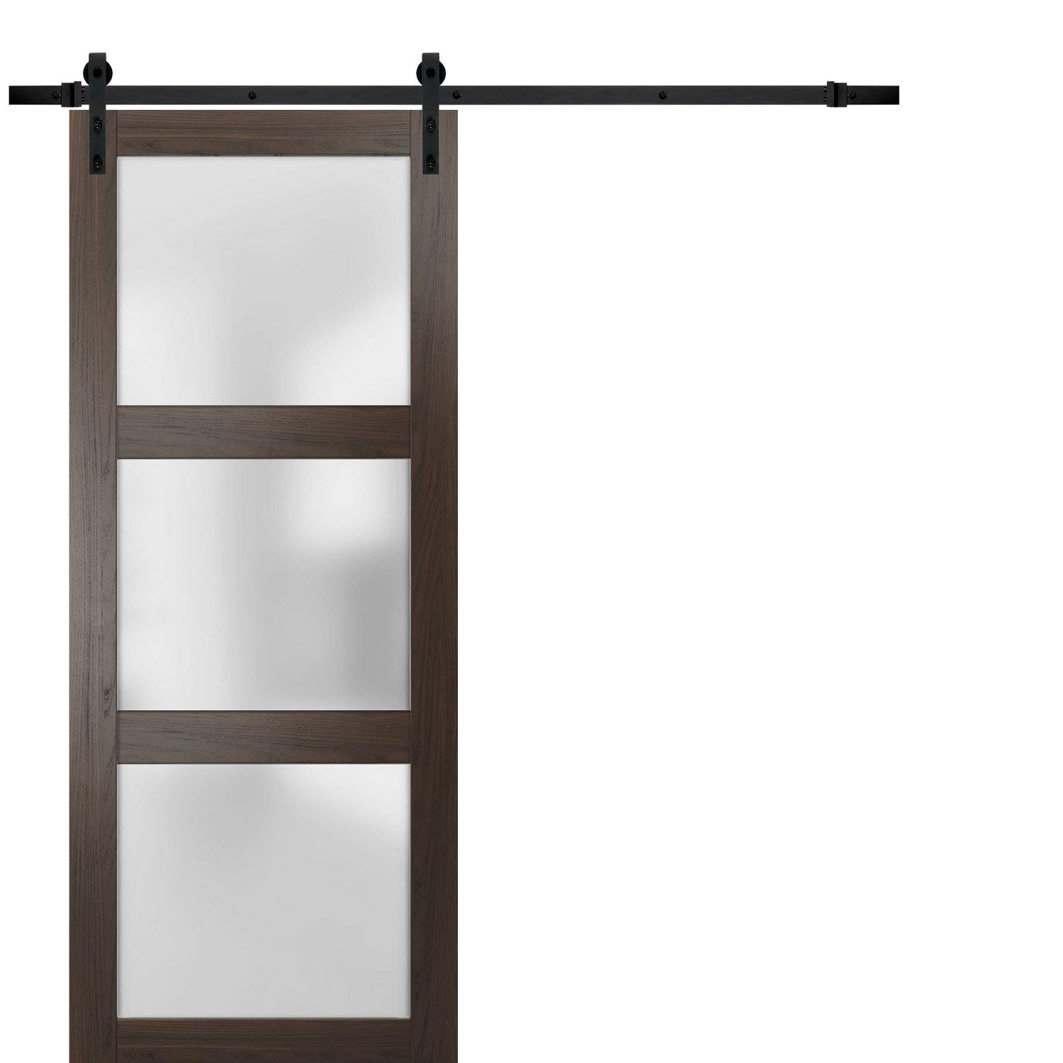 Lucia 2552 Chocolate Ash 28x84 Inch Frosted Glass Barn Door with 6.6FT Top Mount Rail & Heavy Duty Hardware Set - Solid Panel Interior Sliding Door for Bedroom, Closet, or Home Office