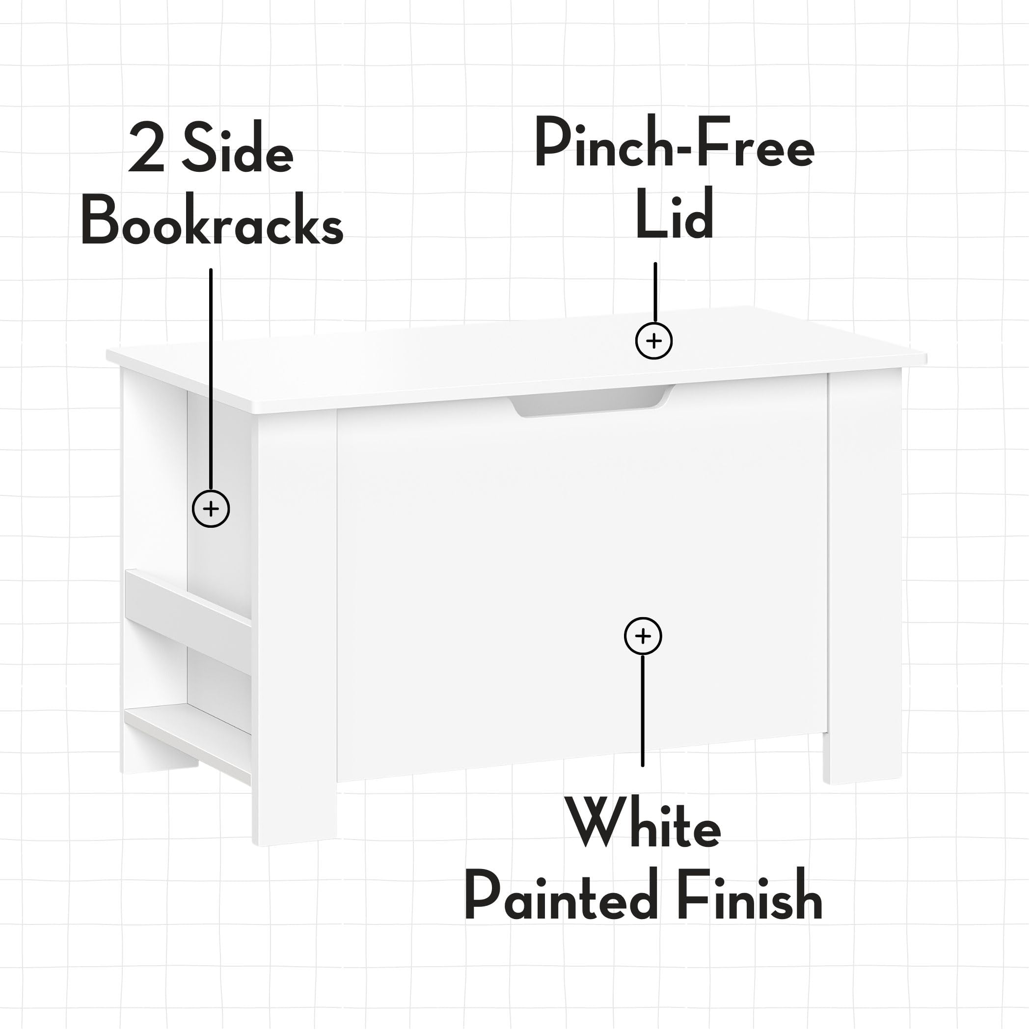 RiverRidge Modern White Kids Toy Box with Book Nook & Side Bookracks - Toy Organizer & Storage Solution for Children's Room - Perfect for Playroom, Bedroom, and Nursery Organization