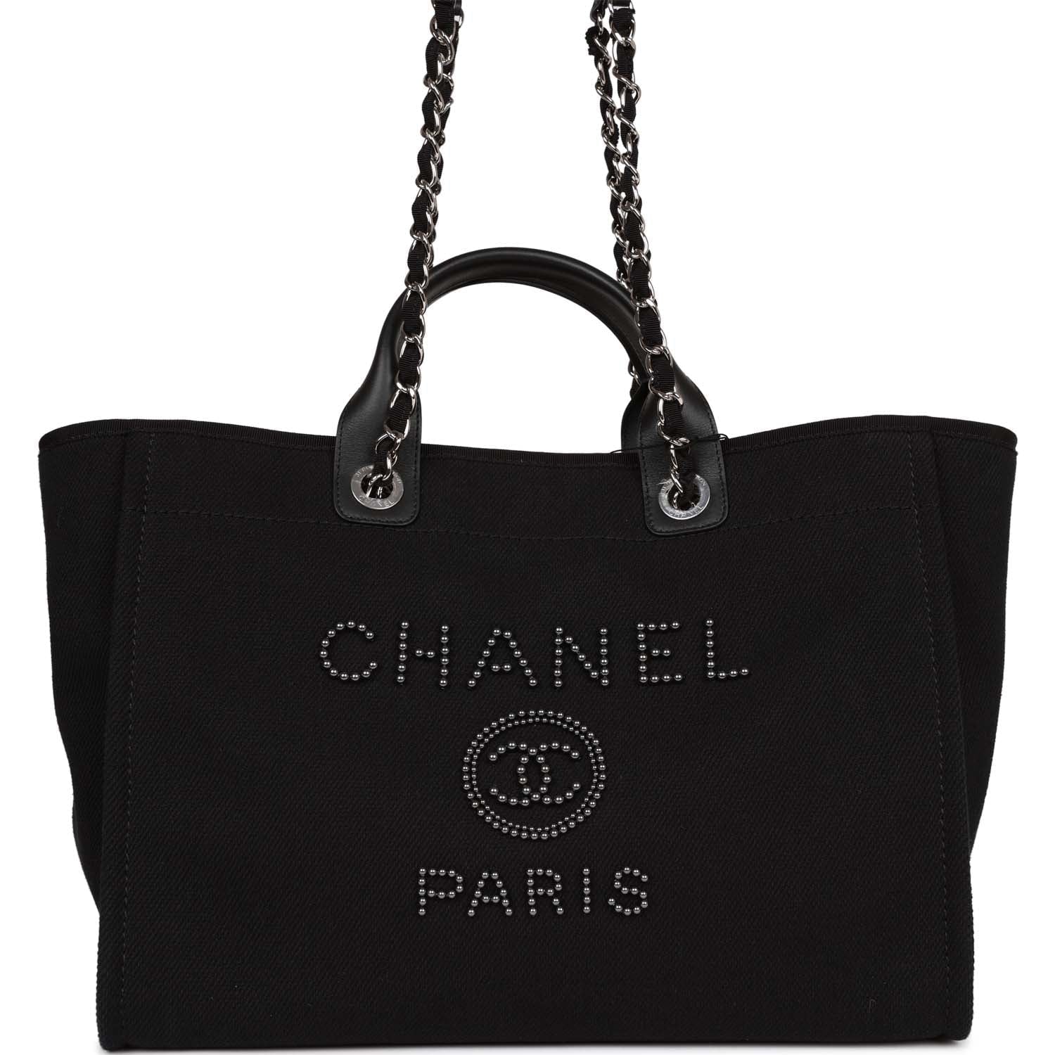 Chanel Large Deauville Shopping Bag - Black Canvas with Imitation Pearl Accents & Silver Hardware - Luxury Tote for Women, Perfect for Shopping, Travel & Everyday Use