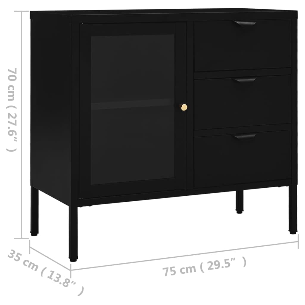 Modern Black Sideboard with Adjustable Shelf & 3 Drawers - Steel & Tempered Glass Storage Cabinet for Living Room, Bedroom, or Office Organization