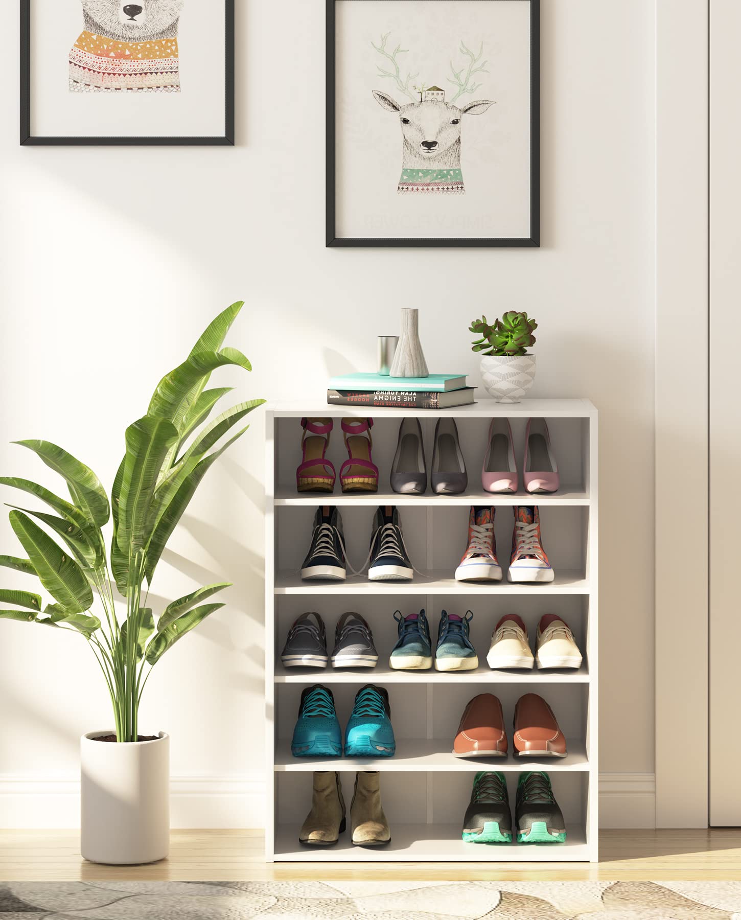 HAIOOU 5-Tier Stackable Wooden Shoe Rack Organizer - Free Standing Shoe Storage Stand with Adjustable Shelf for 10-15 Pairs of Shoes - Space Saving Entryway, Hallway & Closet Organizer - Modern White Finish - Ideal for Small Spaces & Apartment Living