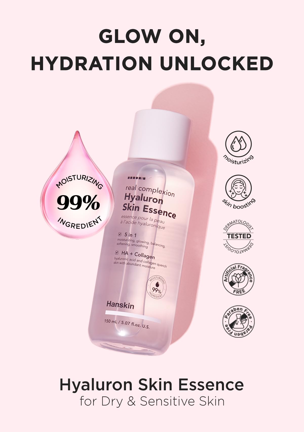 Hanskin Real Complexion Hyaluronic Skin Essence - Hydrating Toner with Hyaluronic Acid & Collagen for Dry, Dull, Sensitive Skin | Korean Skincare for Face | Paraben-Free, Moisturizing & Purifying | 5.07 fl oz | Perfect for Daily Hydration & Skin Barrier Repair