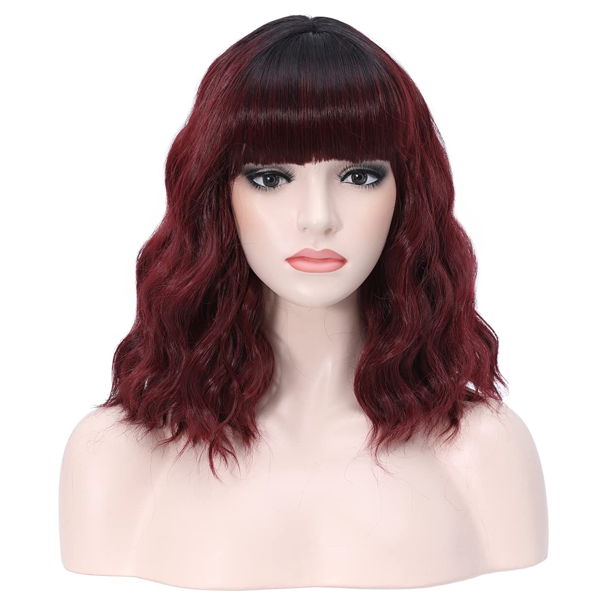 incohair 14 Inch Black to Wine Red Ombre Short Curly Bob Wig - 2 Tone Synthetic Hair for Cosplay, Parties & Daily Wear (Wig Cap Included) | Perfect for Halloween, Costume Events & Themed Parties