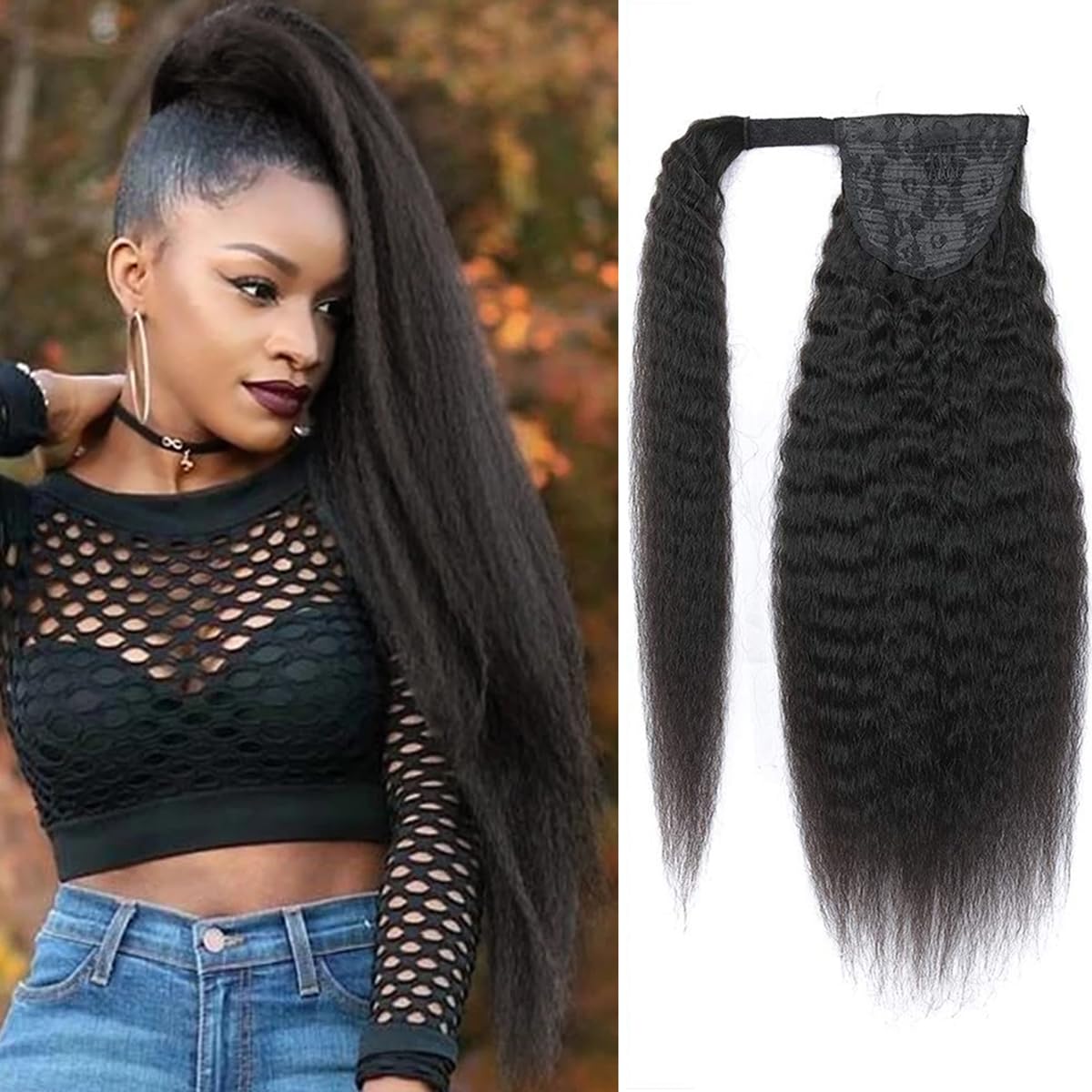 Wrap Around Long Kinky Straight Ponytail Hair Extensions - 26 Inch Clip-in Ponytail Human Hair Extensions for Women - Natural Black Yaki Straight Remy Hair - Perfect for Parties, Weddings & Everyday Styling