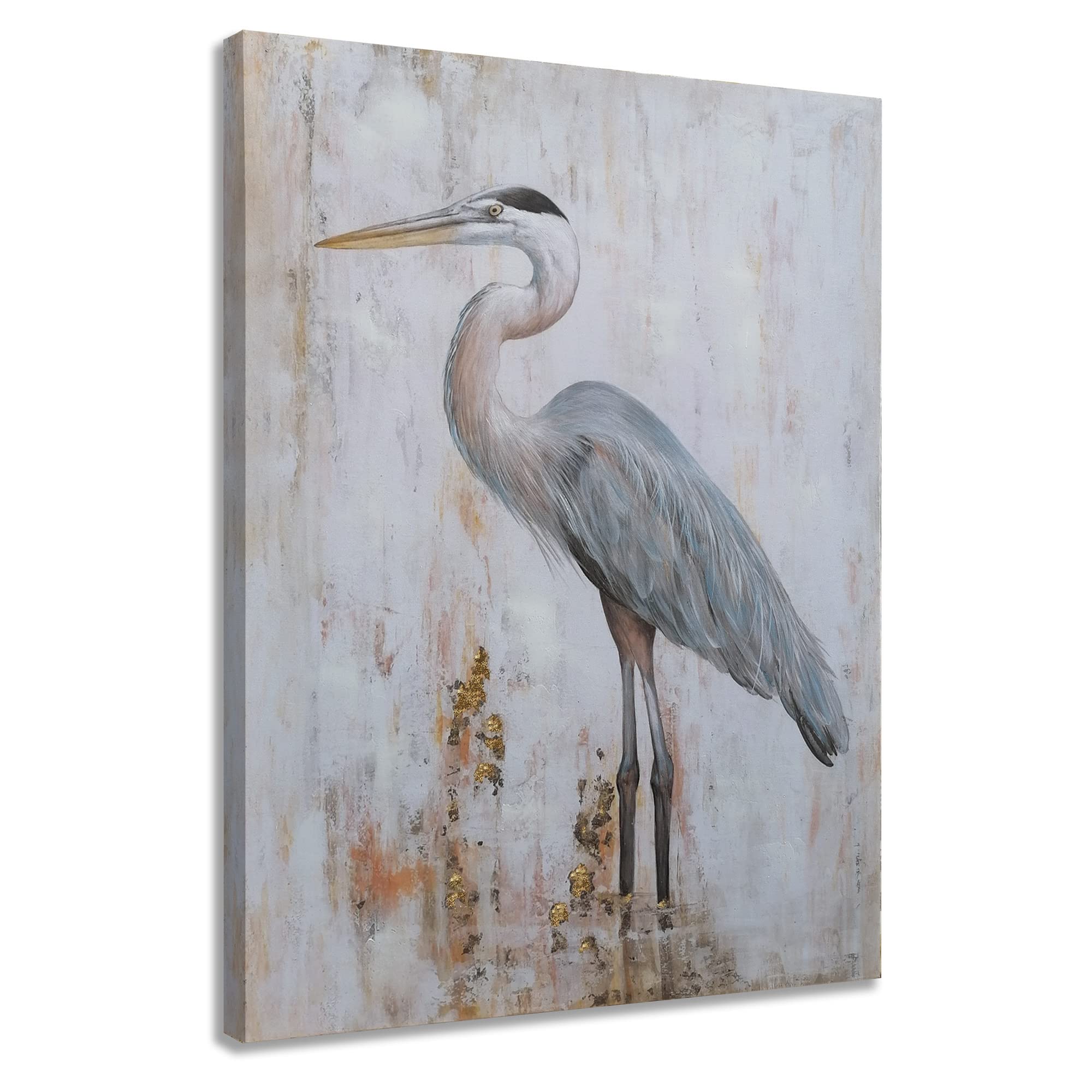 Blue Heron Wall Art - Gold Foil Beach Bird Painting for Home Decor | Coastal Themed Wall Decor for Living Room, Bedroom & Bathroom | Perfect for Beach House & Nature Inspired Interior Design