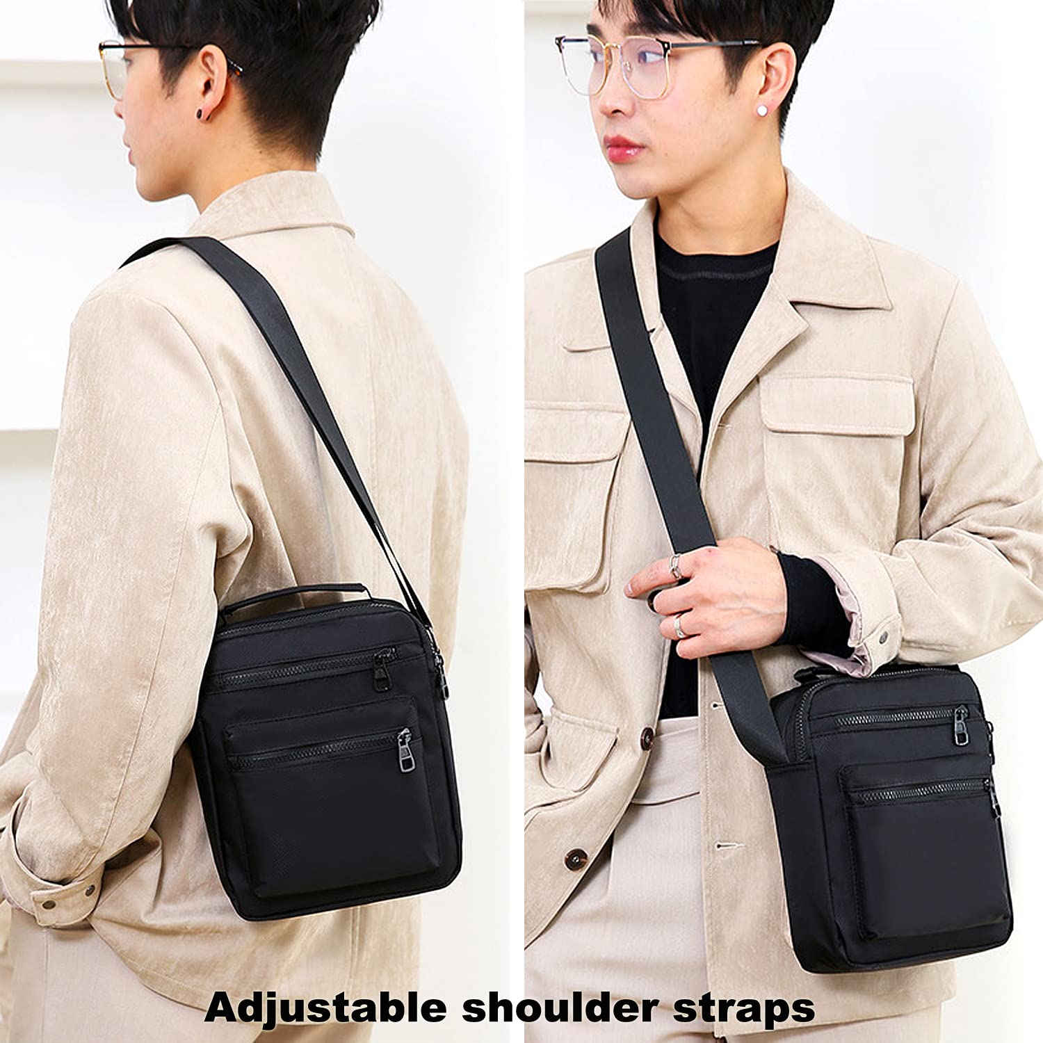 Men's Nylon Crossbody Shoulder Bag - Large Capacity Messenger Bag with Multiple Pockets for Work, Hiking & Travel | Durable Casual Handbag & Side Satchel | Perfect for Office Commute, Outdoor Adventures & Daily Use (Black)