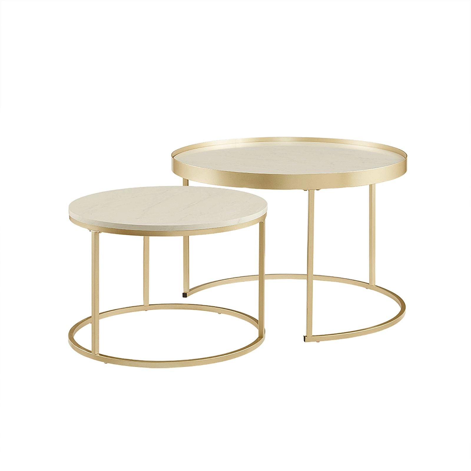 Modern White Marble Finish Nested Coffee Table Set with Champagne Gold Metal Frame - Elegant Living Room Furniture for Small Spaces, Home Decor & Office Use
