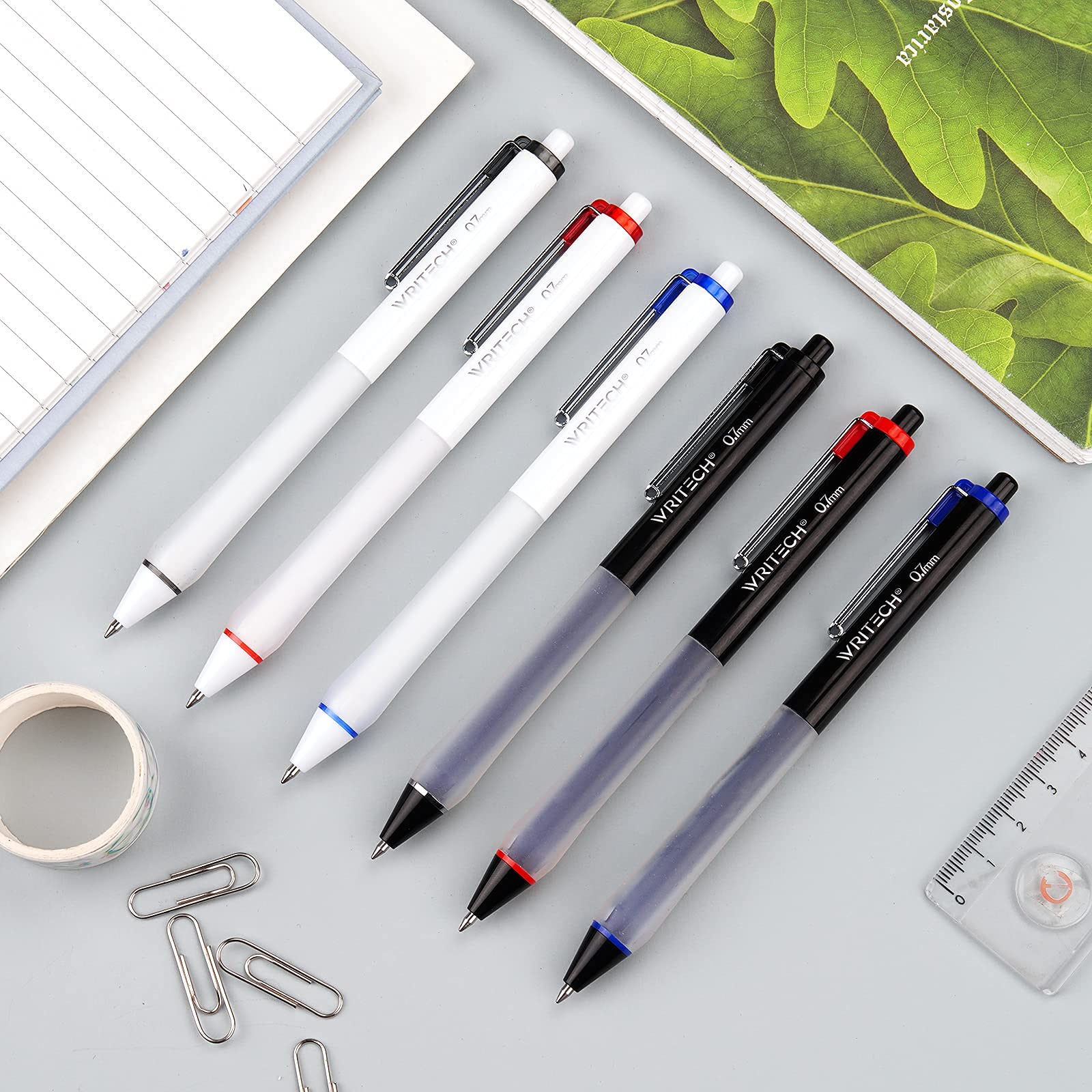 WRITECH Retractable Gel Pens 0.7mm Medium Point - Quick Dry No Bleed Ink, Soft Touch Comfort Grip (6 Pack, Black Blue Red) for Smooth Writing, Note Taking, Journaling, Office Work & School Supplies