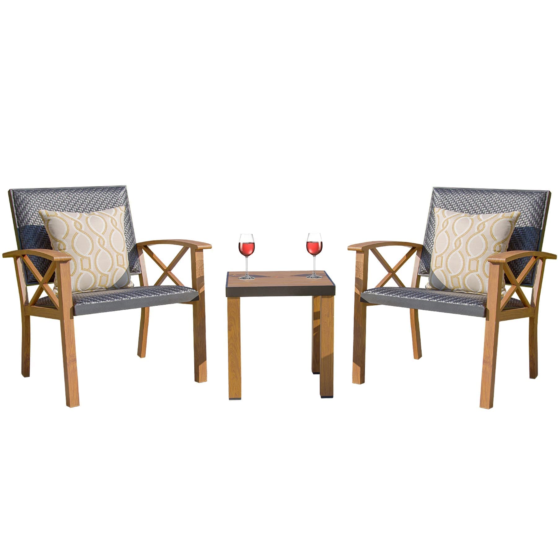 Domi 3-Piece Patio Bistro Set - Wood Grain Aluminum Wicker Outdoor Furniture with Padded Chairs & Coffee Table, Beige Waterproof Cushions - Perfect for Porch, Garden, Balcony & Backyard Relaxation