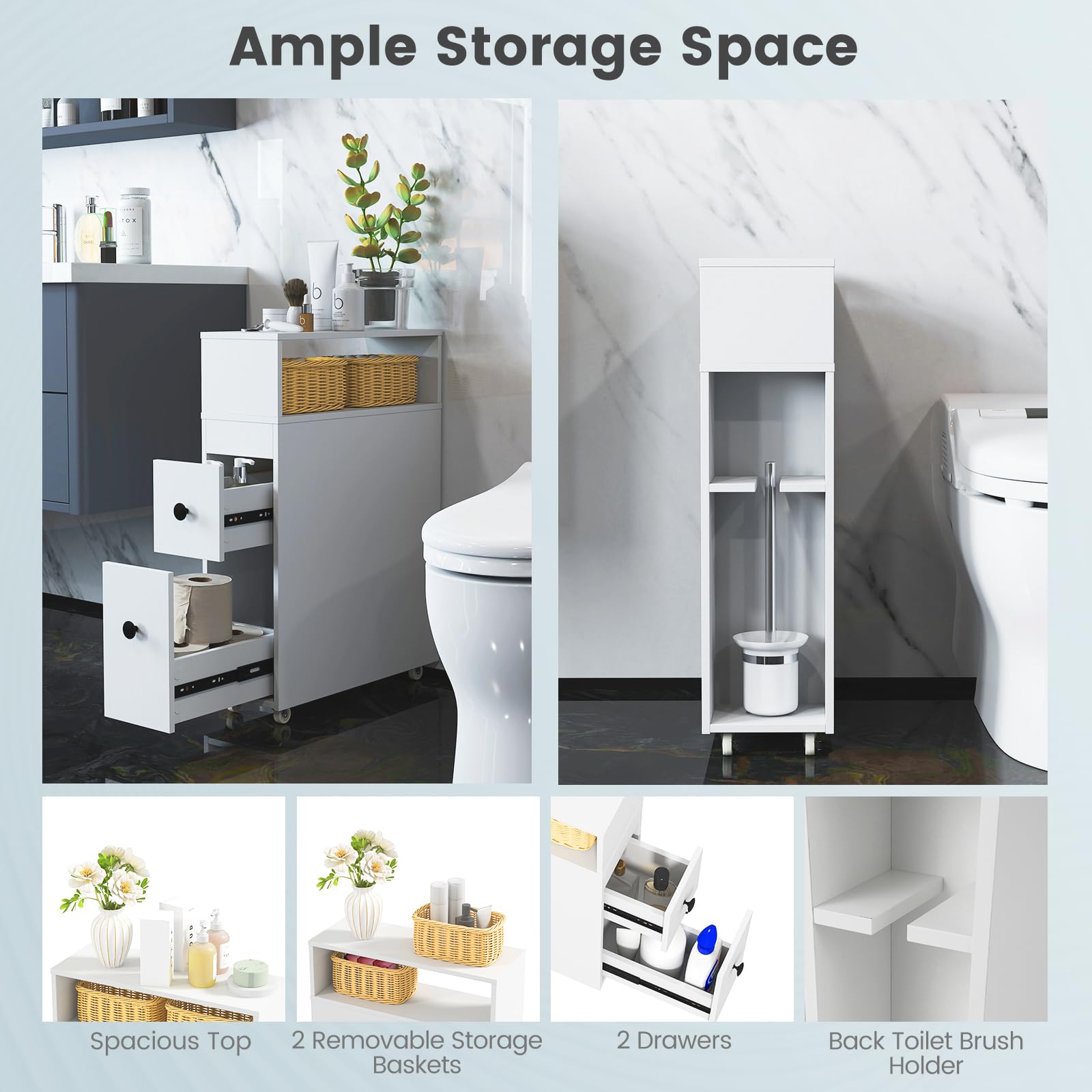 Tangkula Slim Bathroom Cabinet with Drawers & Wheels for Small Spaces - Perfect for Toilet Storage