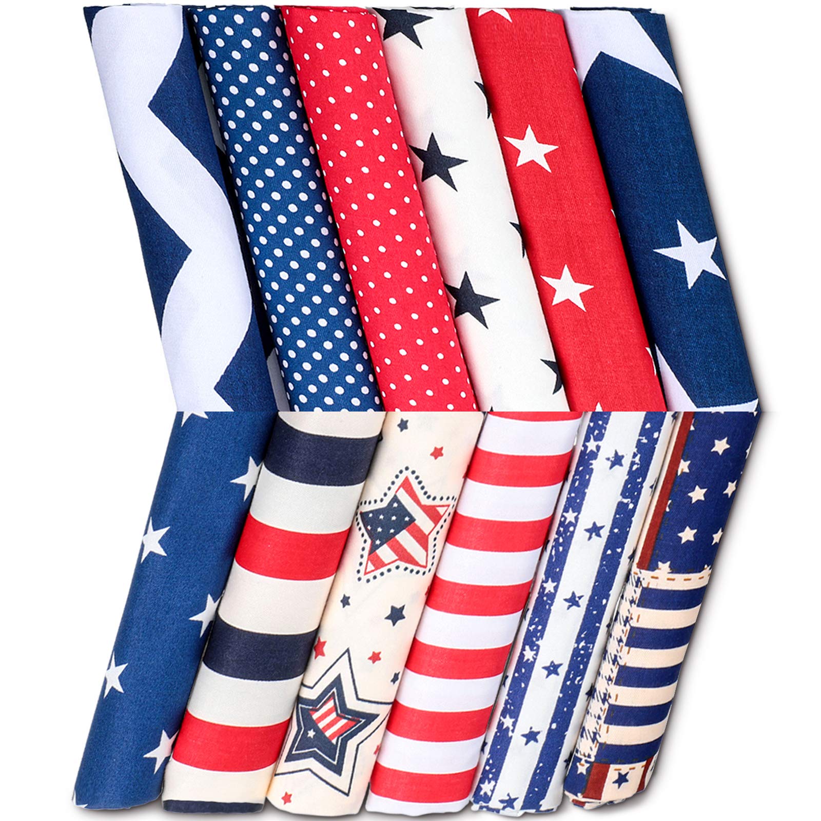 Tatuo 12-Piece Patriotic Fat Quarters Fabric Bundle - 15.7 x 19.6 Inch Stars and Stripes American Flag Print Quilting Material for DIY Sewing, Patchwork, Jeans, and Home Decor | Perfect for 4th of July, Independence Day, Memorial Day Crafts and Projects