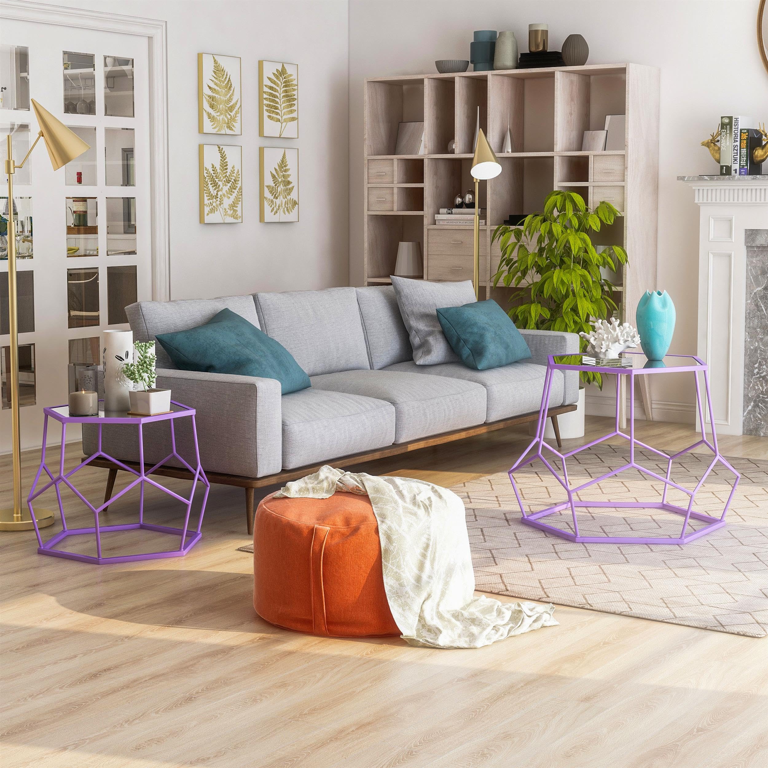Furniture of America Boris Metal 2-Piece Nesting Accent Table Set - Purple End Tables for Living Room, Bedroom, or Office Decor