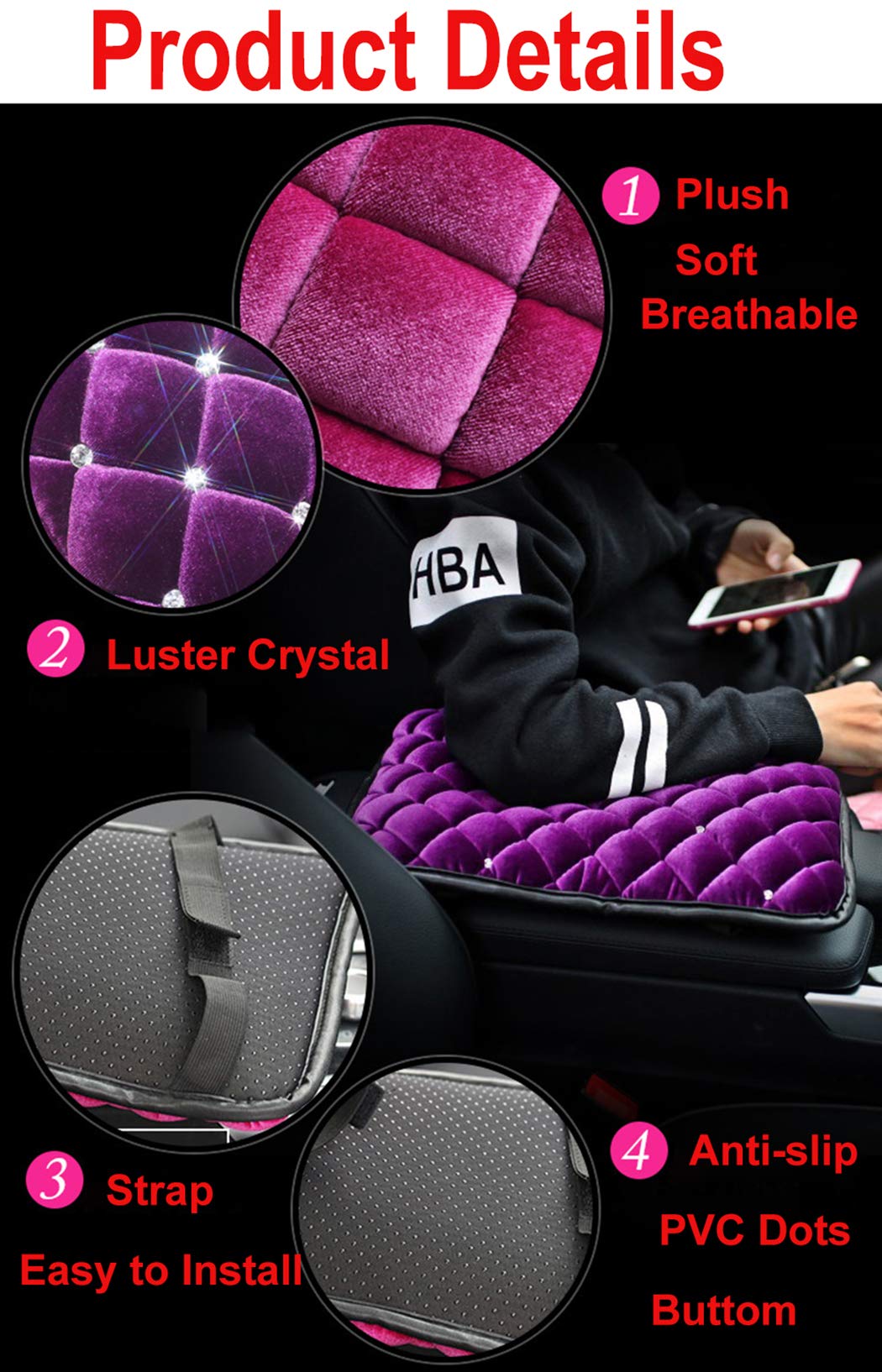 3-Pack Soft Plush Car Armrest Cover Protector - Universal Fit Bling Bling Auto Center Console Pad with Bonus Coasters (Purple) for Luxury Car Interior Protection & Comfort - Perfect for Road Trips, Daily Commute & Long Drives