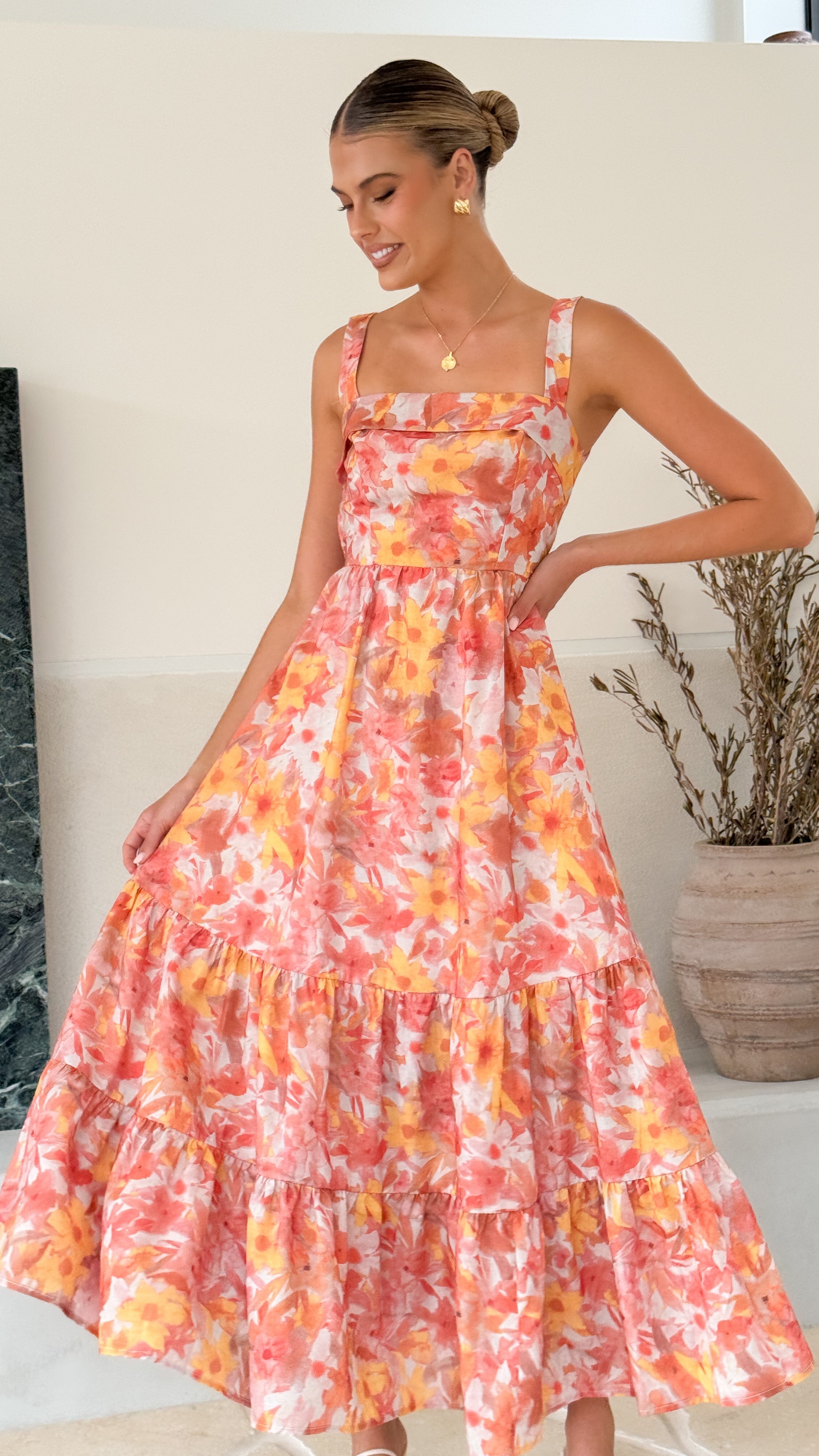 Bairbre Women's Maxi Dress - Orange Red Floral Print Summer Long Dress for Beach, Vacation & Casual Wear