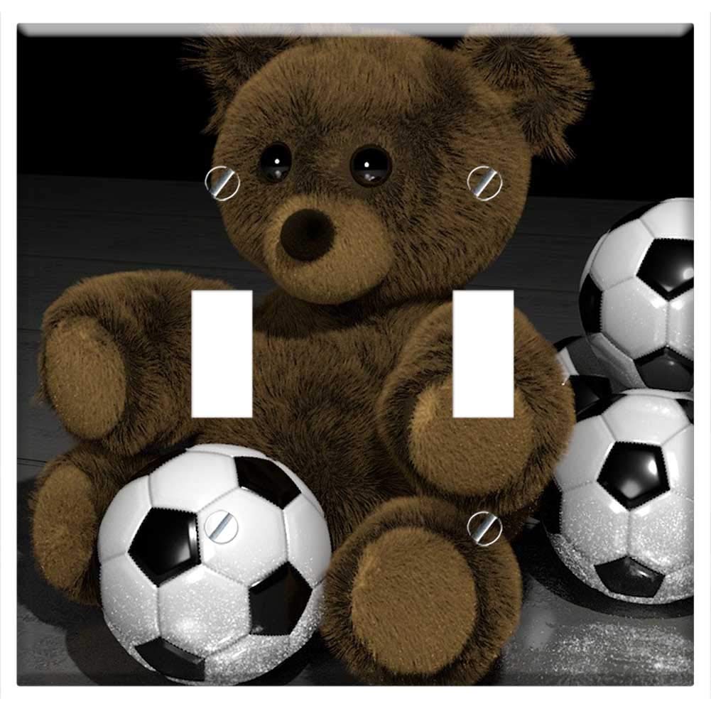 3D Teddy Bear Soccer Switch Plate - Double Toggle for Kids' Room Decor