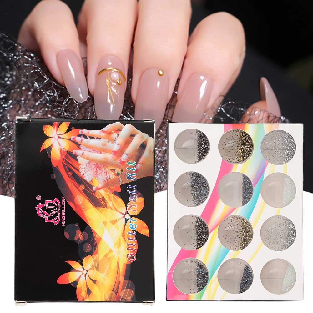 12 Grid DIY Nail Beads Kit - Plastic Glitter Rhinestones for Nail Art, Manicure Decorations & 3D Nail Tips - Perfect for Salon, Home DIY & Party Nail Designs
