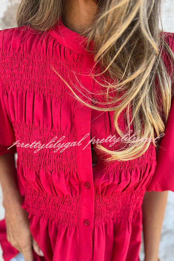Solid Color Round Neck Button Pleated Short Sleeve Casual Shirt for Women - Summer Office Wear & Weekend Outfits