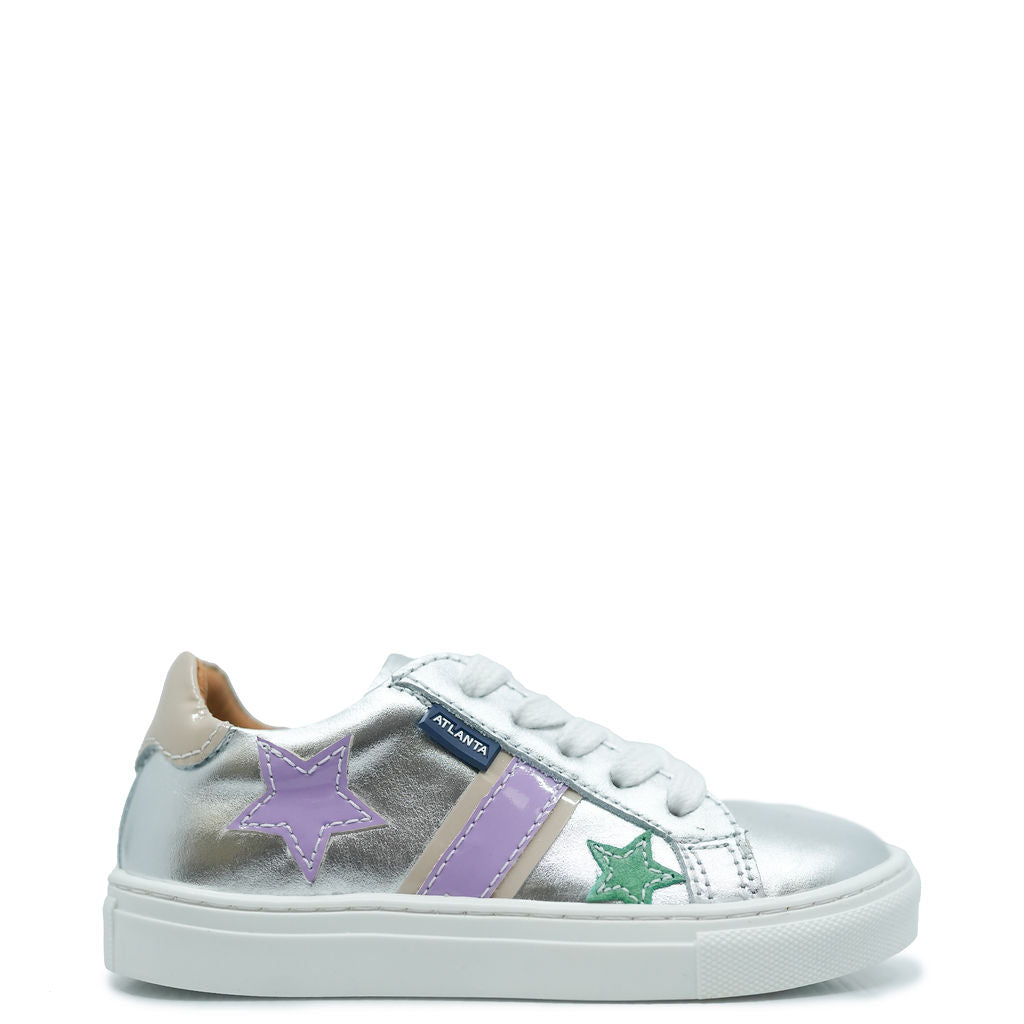 Atlanta Silver Metallic Star Lace-Up Sneakers - Fashionable Moccasin Style Shoes for Women | Perfect for Casual Wear, Street Style & Everyday Comfort