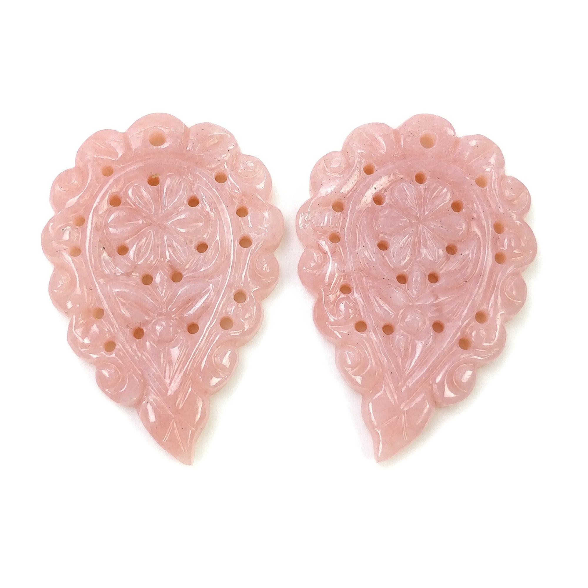 Natural Pink Opal Gemstone Carving - 40.80cts Hand Carved Leaf Pair 36x24mm (Video Included) | Healing Crystal Jewelry Making, Meditation & Spiritual Gift