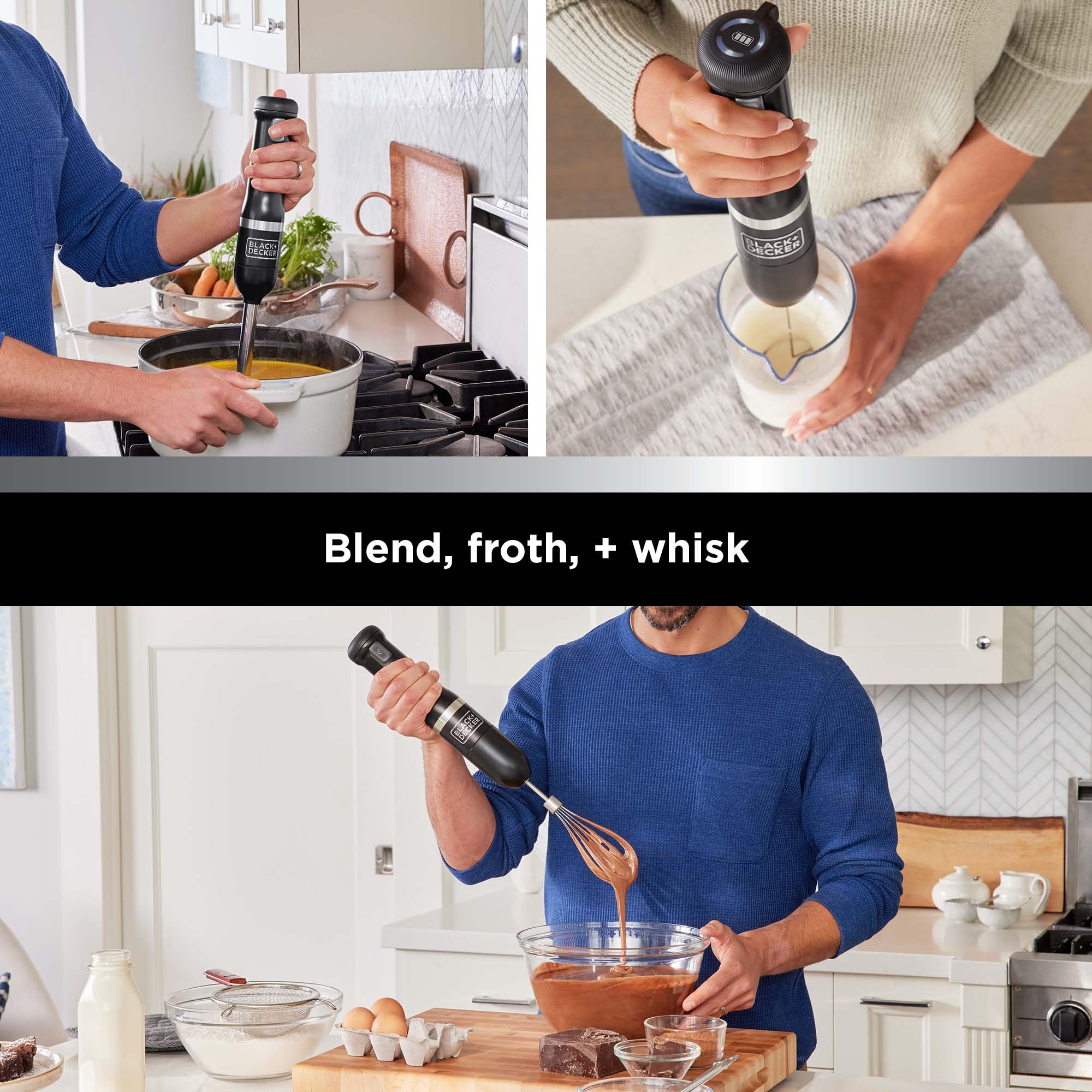 BLACK+DECKER 3-in-1 Cordless Immersion Blender Set with Whisk & Milk Frother - BCKM1013KS10 | Hand Blender with Storage & Charging Dock | Perfect for Smoothies, Soups & Baking | Black