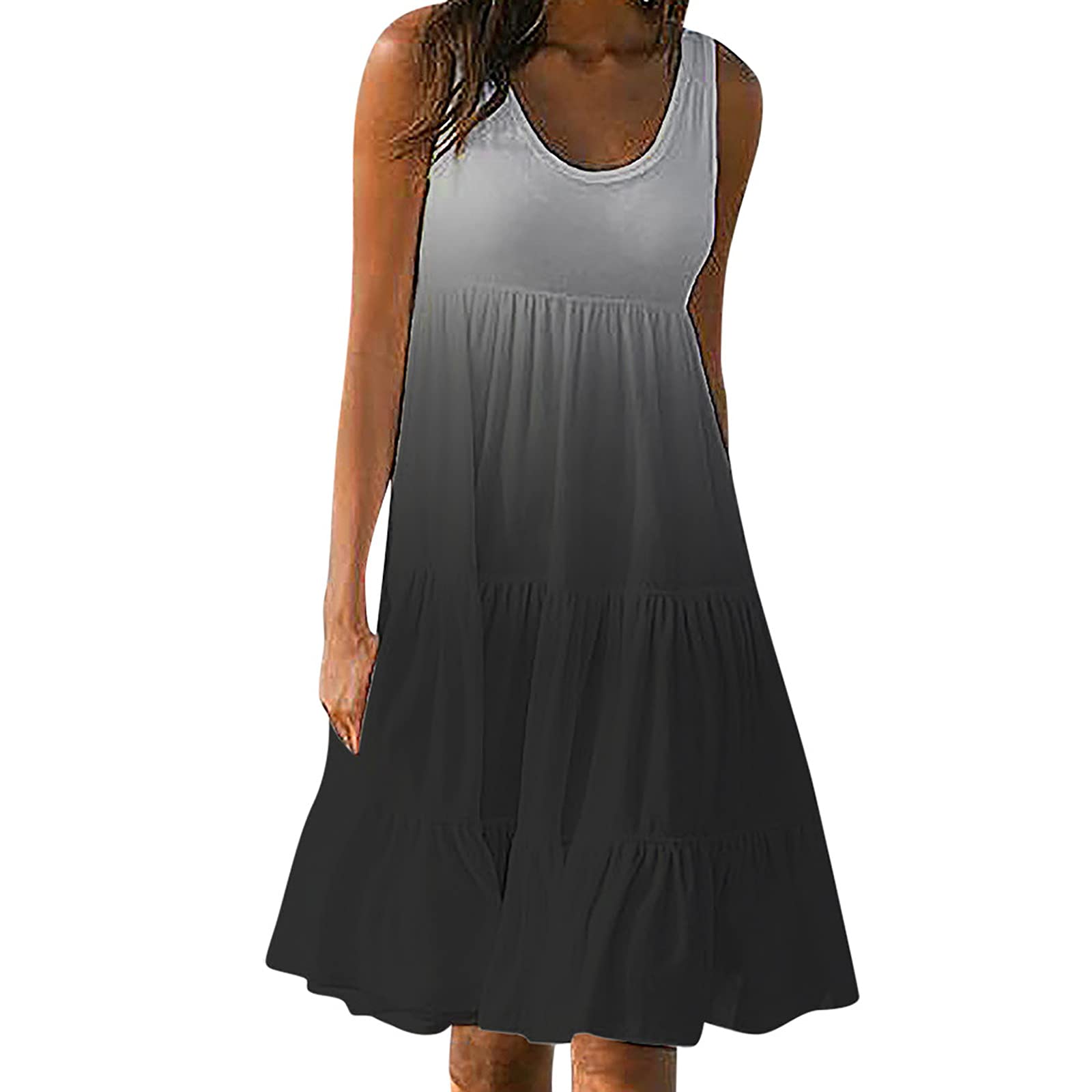Women's Summer T-Shirt Dress - Tie Dye Ombre Sleeveless Tank Dress, Knee Length Pleated Sundress for Beach, Vacation & Casual Wear