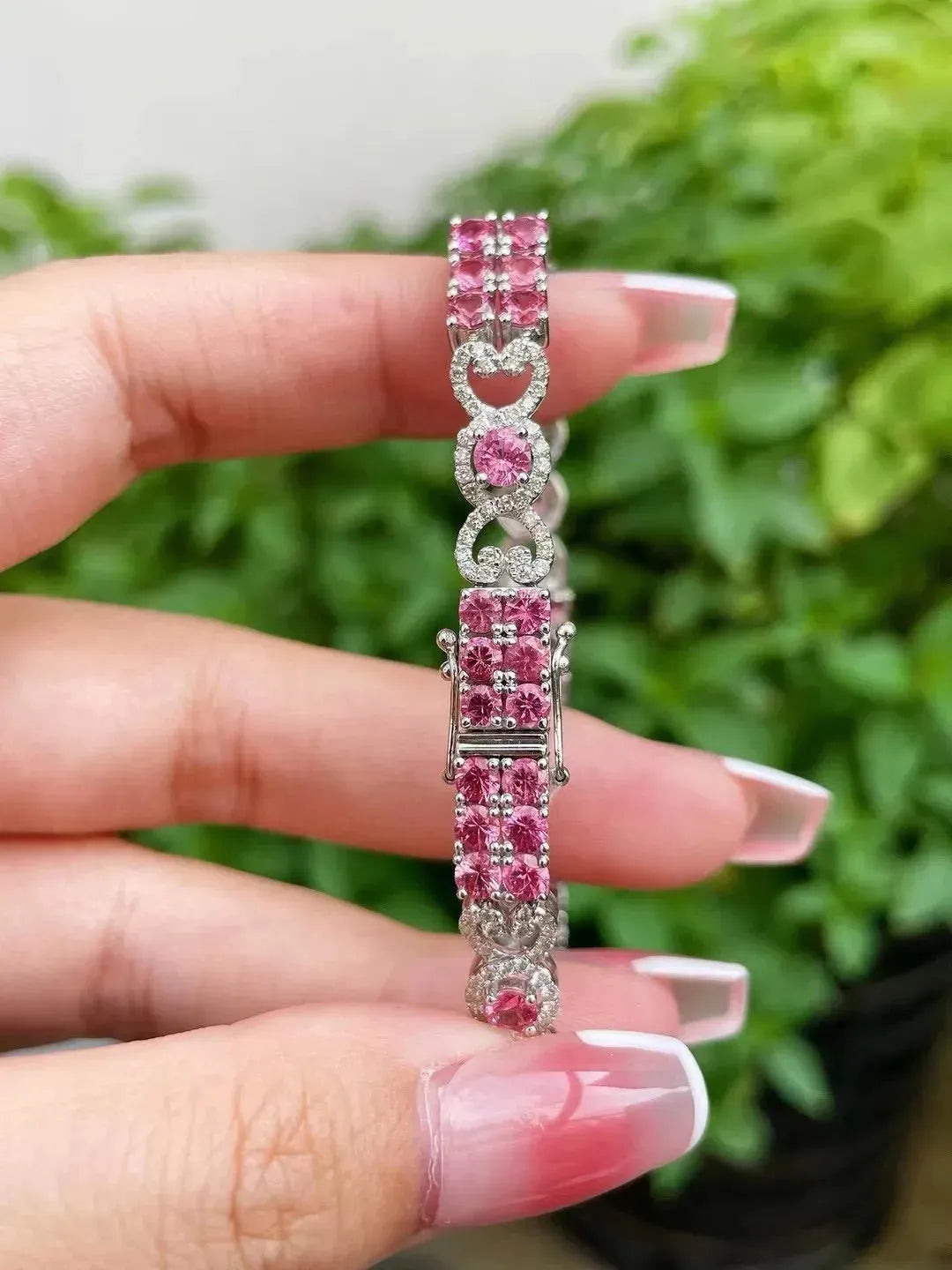 18K White Gold Natural Pink Spinel Bracelet with Diamonds - Classic Luxury Genuine Fine Jewelry for Women | Perfect for Weddings, Parties & Special Occasions | Free Shipping