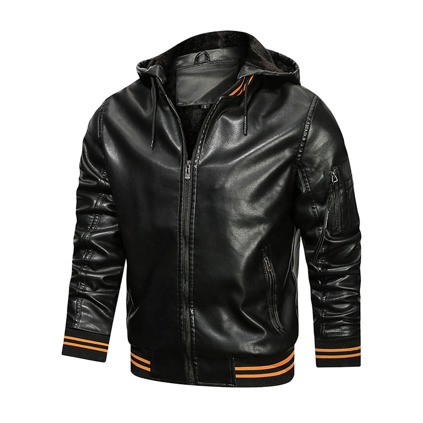 Men's Cashmere Zip-Up Stand Collar Hooded Leather Jacket with Pockets - Warm Winter & Autumn Coat for Casual Wear, Outdoor Activities & Office Style