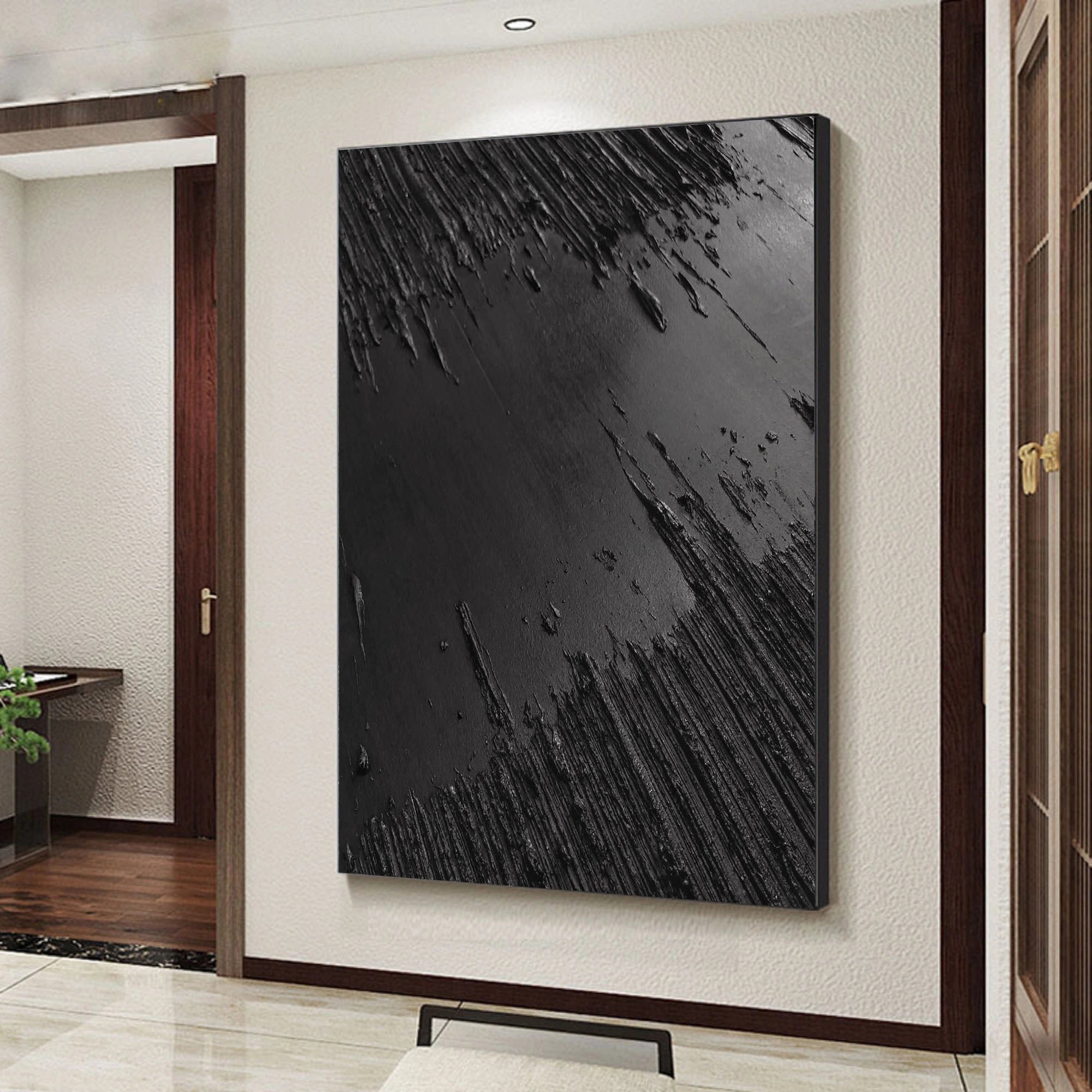 Black Minimalist Textured Painting Canvas #MZ013 - Modern Abstract Wall Art for Living Room, Bedroom & Office Decor