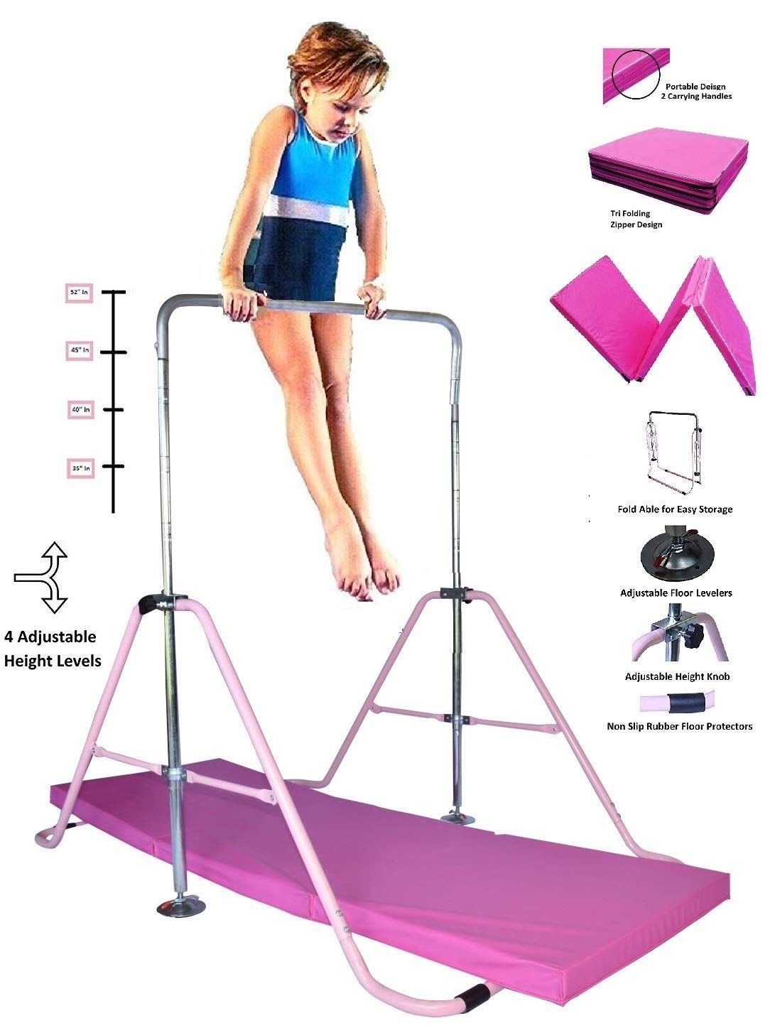 Adjustable Kids Gymnastics Training Bar with 6'x2' Tumble Mat - Home Gym Equipment for Junior Gymnasts | Foldable Horizontal Kip Bar & Monkey Bars for Indoor Playground | Perfect for Home Training, Backyard Play & Gymnastics Practice