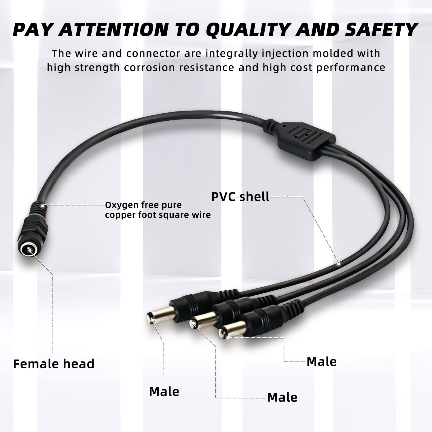 2.1mm DC Splitter Cable 2-Pack, 1 Female to 3 Male 2.1x5.5mm DC Power Extension Cord for CCTV Cameras, LED Light Strips - Perfect for Home Security Systems and DIY Lighting Projects