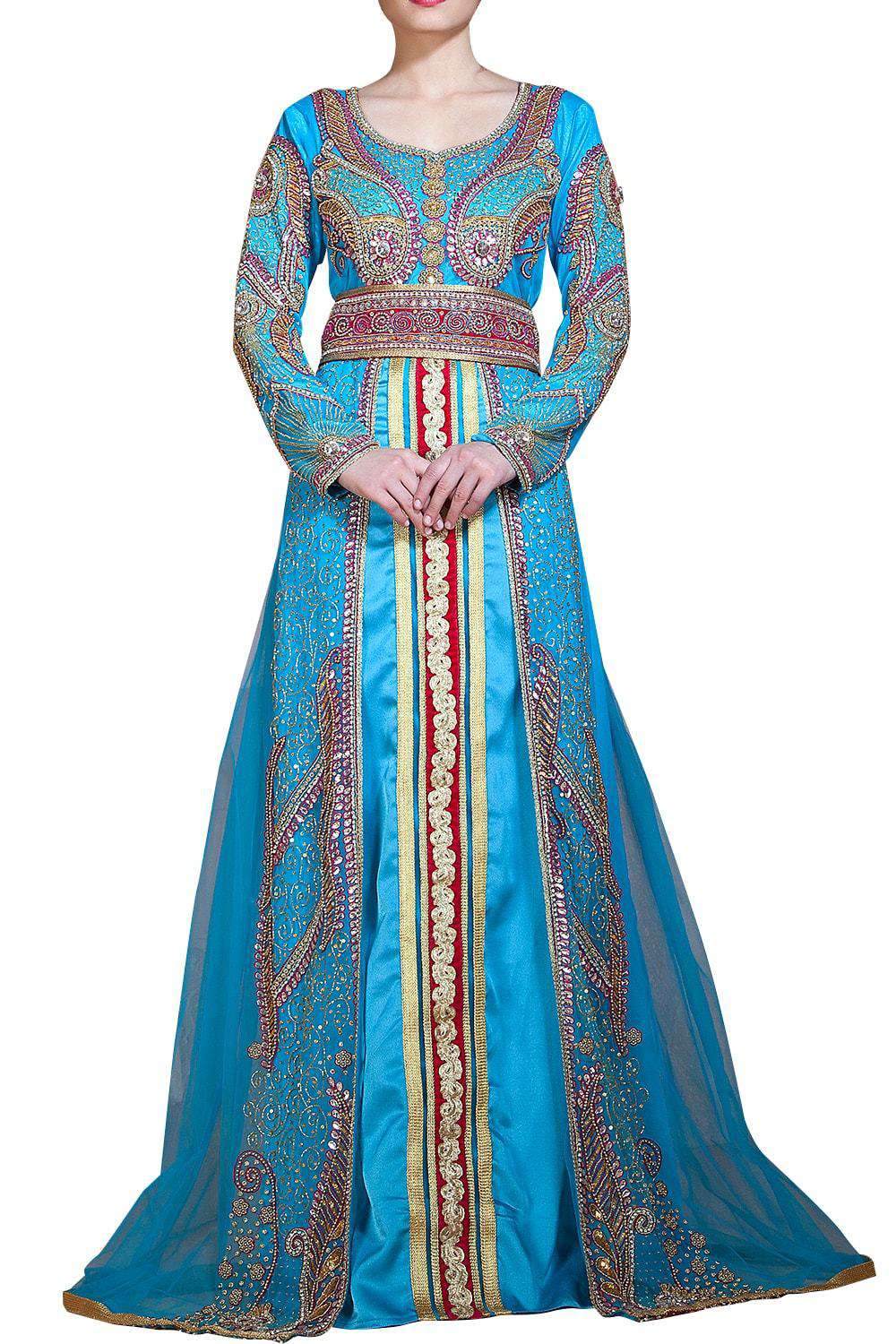 Elegant Dubai Style Long Sleeve Wedding Caftan - Ferozi & Dark Pink Designer Party Wear for Bridal, Evening Gala & Special Occasions