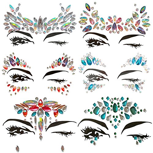 DK Face Gems Rhinestones - 6 Sheets Temporary Body Stickers for Rave, Festival, Mermaid & Costume Parties - Sparkling Crystal Jewelry for Face, Eyes & Body - Perfect for Halloween, EDM Events & Photo Shoots