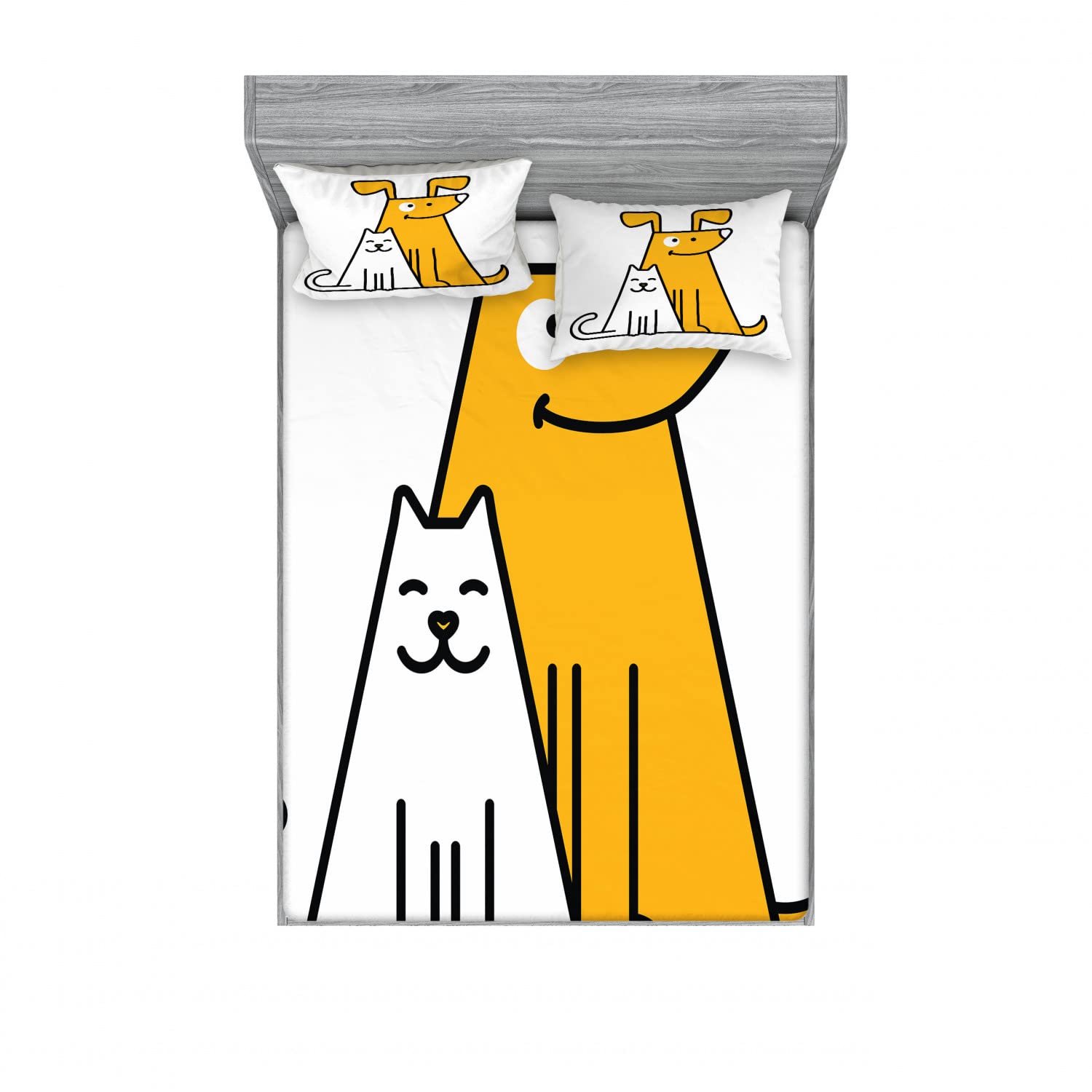 Ambesonne 2-Pack Cartoon Cat and Dog Fitted Sheet & Pillow Sham Set - 4 Piece Bedding Decor with 2 Twin XL Fitted Sheets & 4 Pillow Covers in Black, White & Apricot - Perfect for Kids' Rooms, Dorm Decor, and Pet Lover Gifts