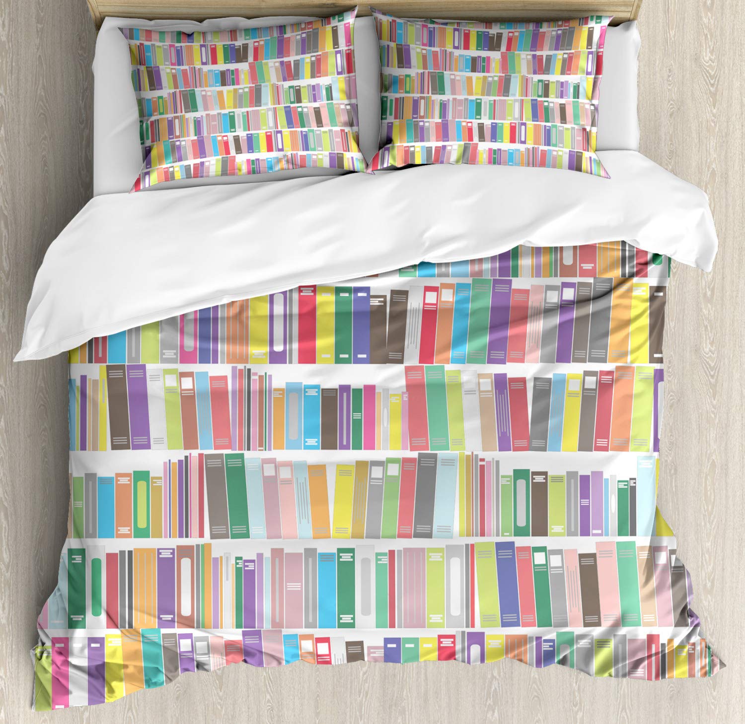 Ambesonne Bookshelf Duvet Cover Set - Cartoon Library Print with Colorful Books Design, 3-Piece Bedding Set Includes Duvet Cover & 2 Pillow Shams, King Size, Multicolor - Perfect for Book Lovers, Reading Enthusiasts & Literature-Themed Bedroom Decor
