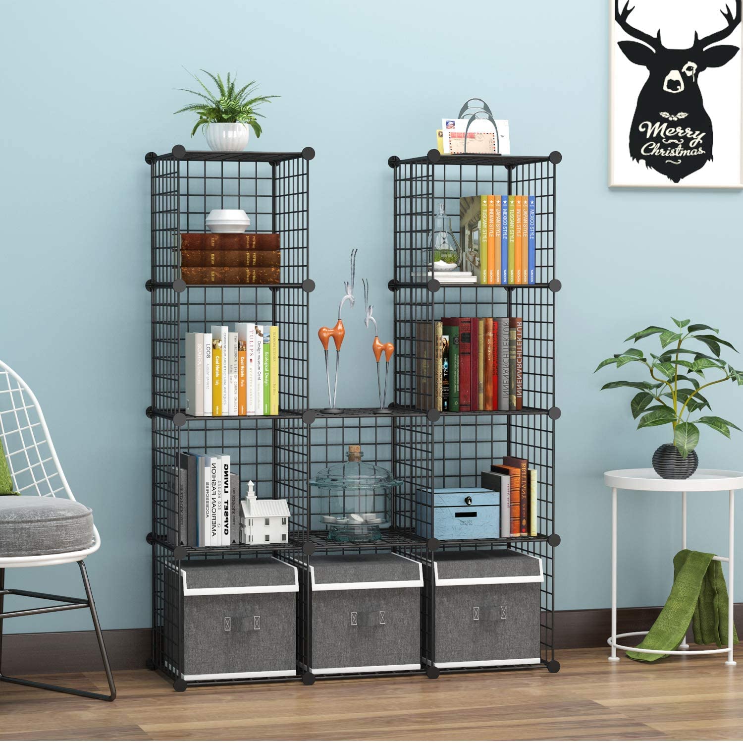 C&AHOME 12-Cube Wire Storage Organizer - Metal Grid Shelving Unit, Modular Bookshelf & Closet Cabinet for Bedroom, Office - 36.6”L x 12.4”W x 48.4”H Black | Perfect for Organizing Clothes, Toys, Books & Home Decor