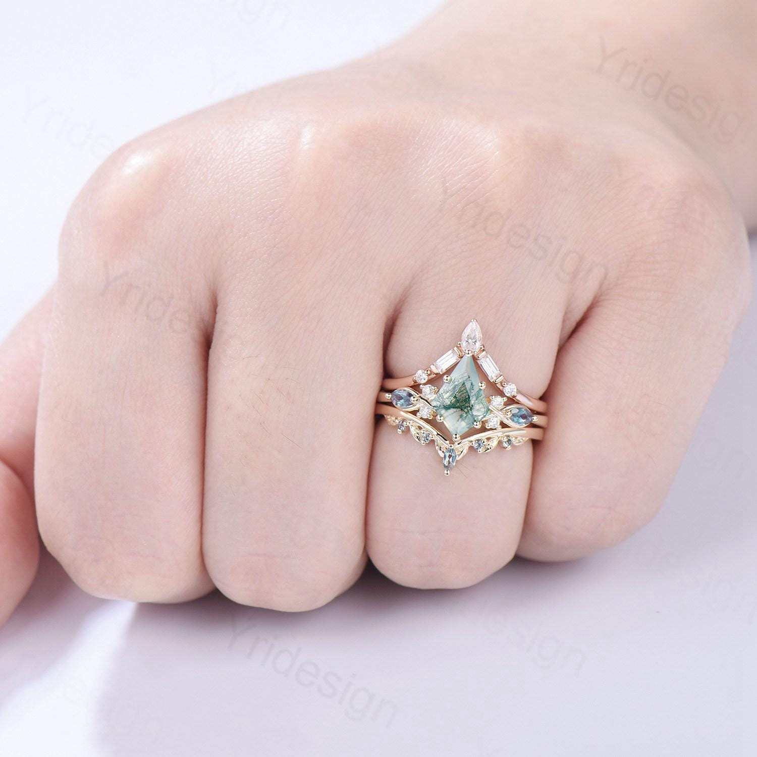 Natural Kite Cut Green Moss Agate Engagement Ring Set - 7 Stone Silver & Yellow Gold Cluster Alexandrite Wedding Band for Women | Perfect for Bridal Jewelry, Anniversary Gifts & Special Occasions