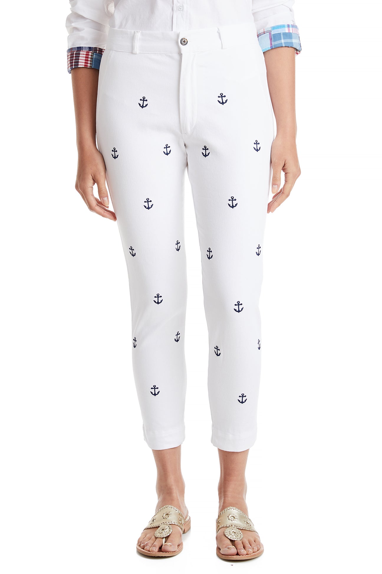 Women's White Stretch Twill Ankle Capri Pants with Anchor Print - Perfect for Summer Outfits, Beach Vacations & Casual Wear