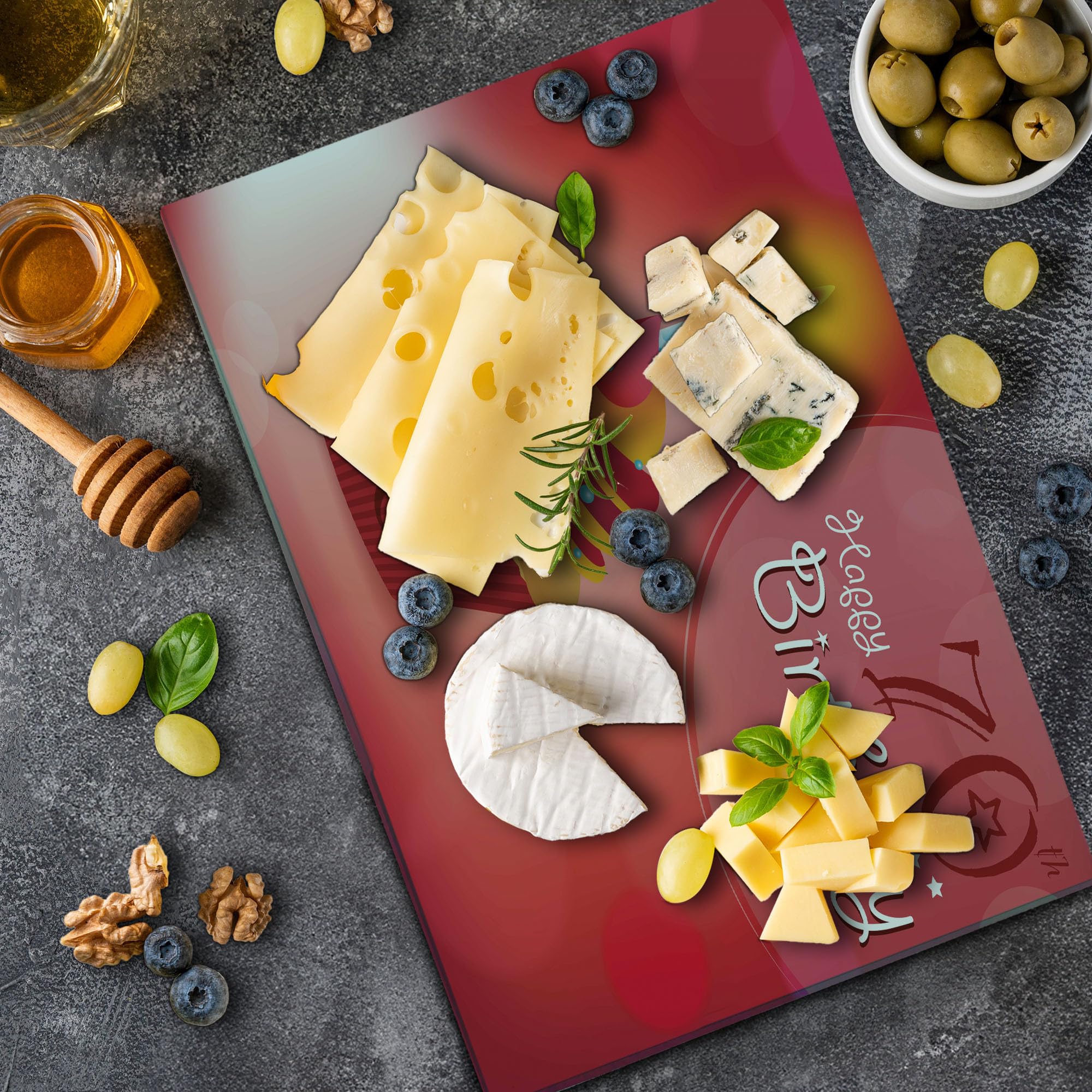 Ambesonne 70th Birthday Cutting Board - Abstract Sun Beams Design with Party Cupcake - Tempered Glass Serving Tray for Cheese, Charcuterie & Appetizers - Large Decorative Board in Red & Orange - Perfect for Birthday Parties & Kitchen Decor