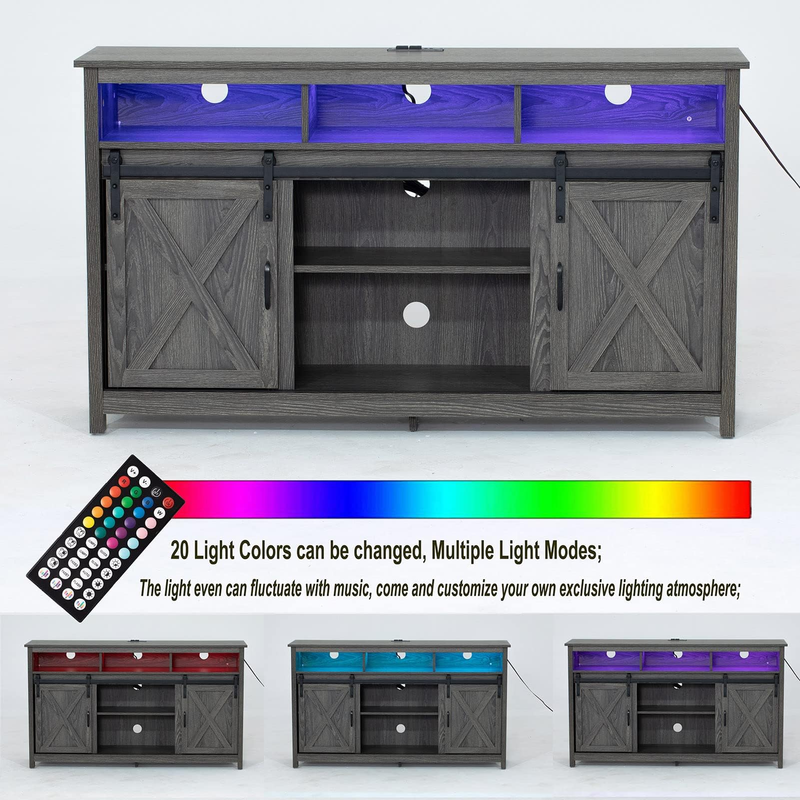 Vinctik 57-Inch Farmhouse TV Stand with Sliding Barn Doors - Wooden Entertainment Center for 60-65 Inch TVs, Double Layer Storage Cabinet with Built-in Power Outlets (Grey Wash) - Perfect for Living Room, Bedroom & Home Theater Setup