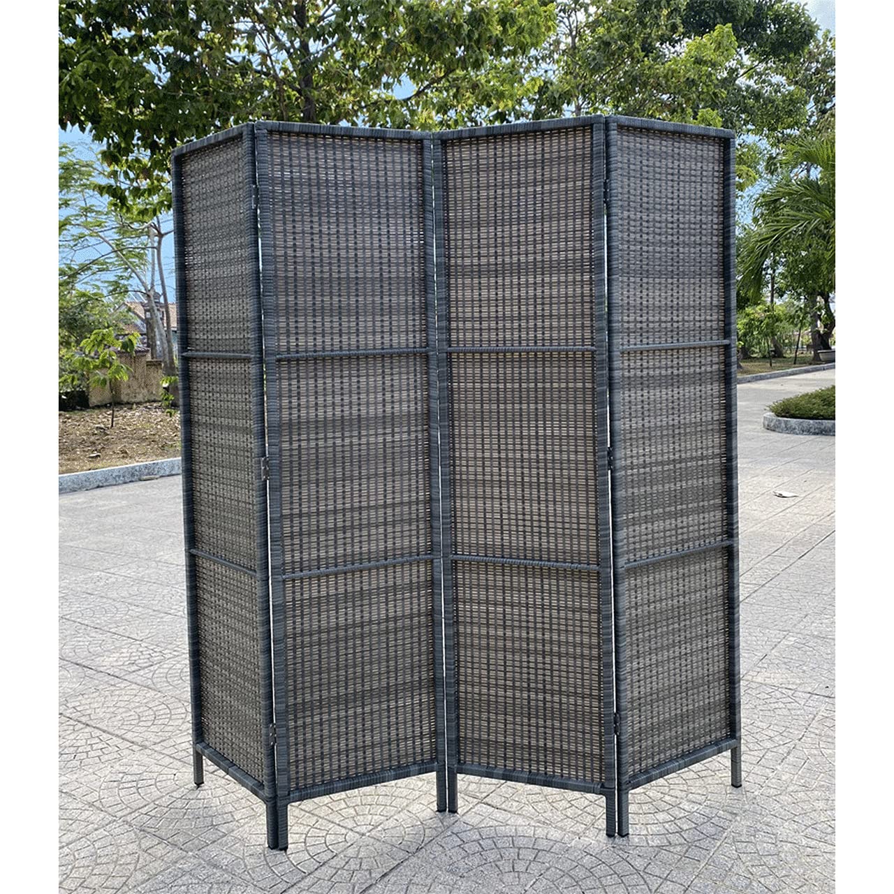 4-Panel Outdoor Privacy Screen - Grey Resin Wicker Room Divider - Weather Resistant Patio Partition for Deck, Poolside, Garden & Balcony