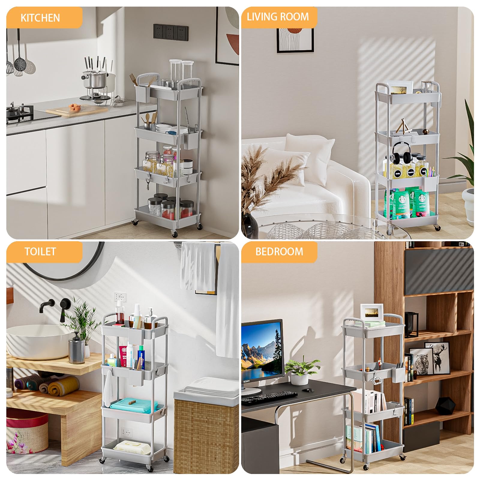 4 Tier Rolling Utility Cart with Handle - REBECAT Multifunctional Storage Organizer for Kitchen, Bathroom, Living Room & Office (Gray) | Mobile Storage Solution for Home & Workspace Organization