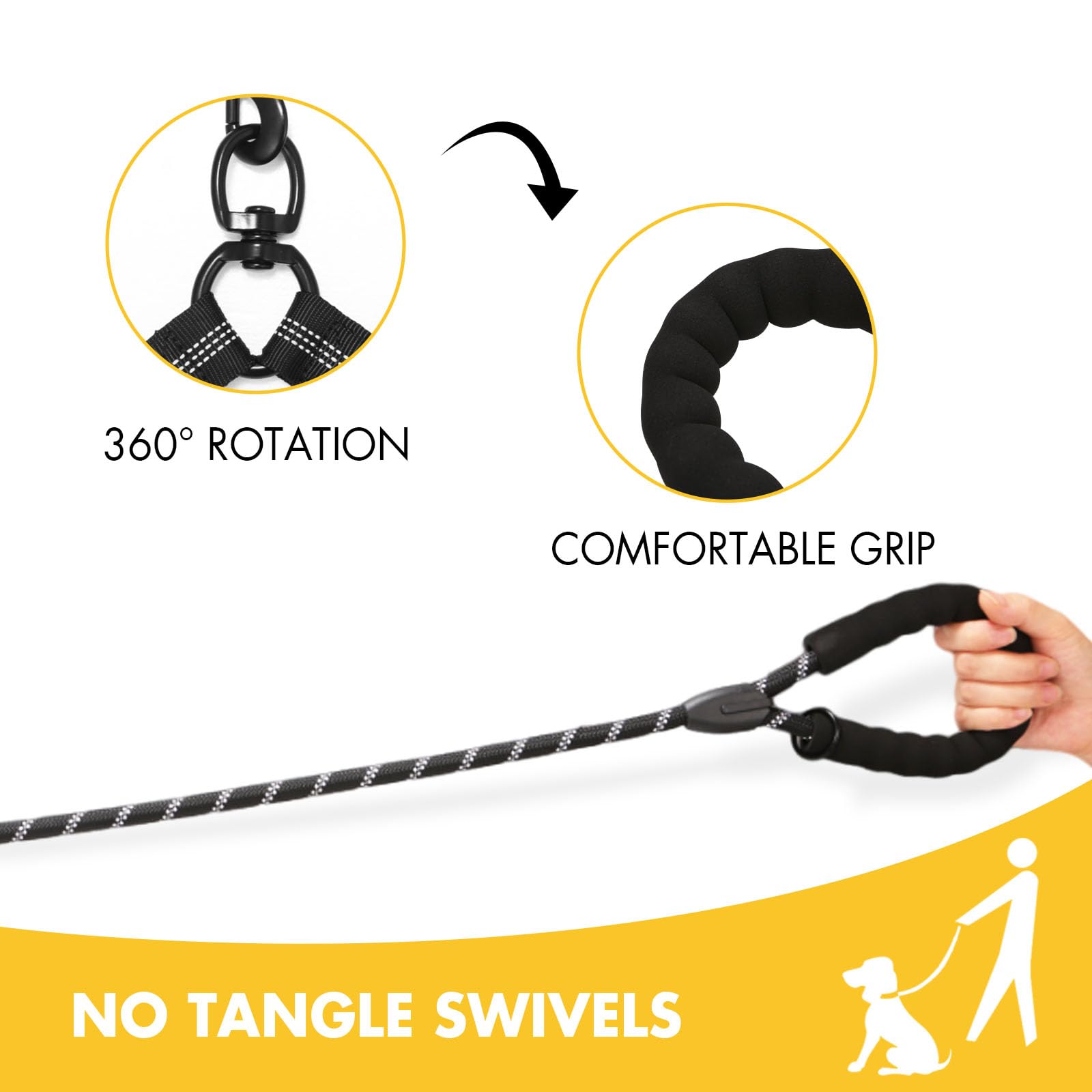 BAOBOTE Double Dog Leash - Shock Absorbing Bungee Reflective No Tangle Leash for Two Dogs with 360° Swivel (Black) | Perfect for Walking, Running & Outdoor Adventures with Your Pets