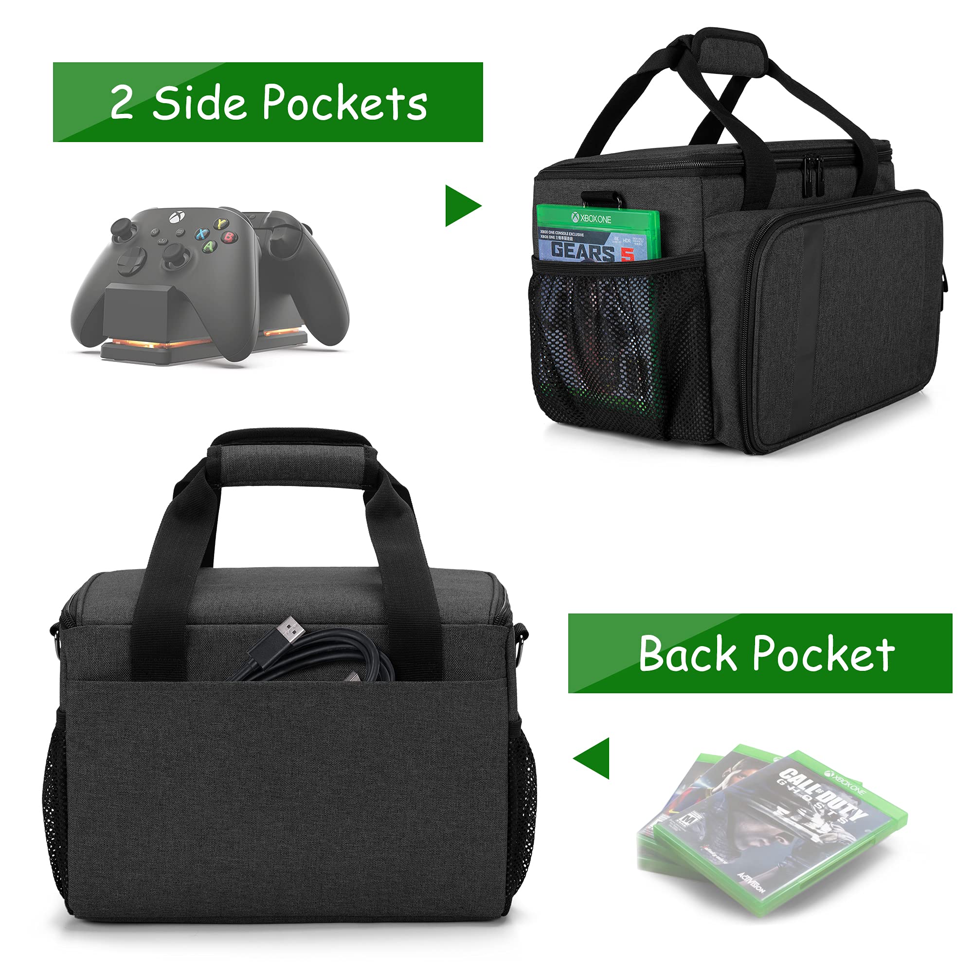 CURMIO Travel Storage Bag for Xbox Series X & PlayStation Console - Portable Carrying Case for Controllers, Cables, Headsets & Accessories (Black) - Perfect for Gaming Travel, Storage & Organization