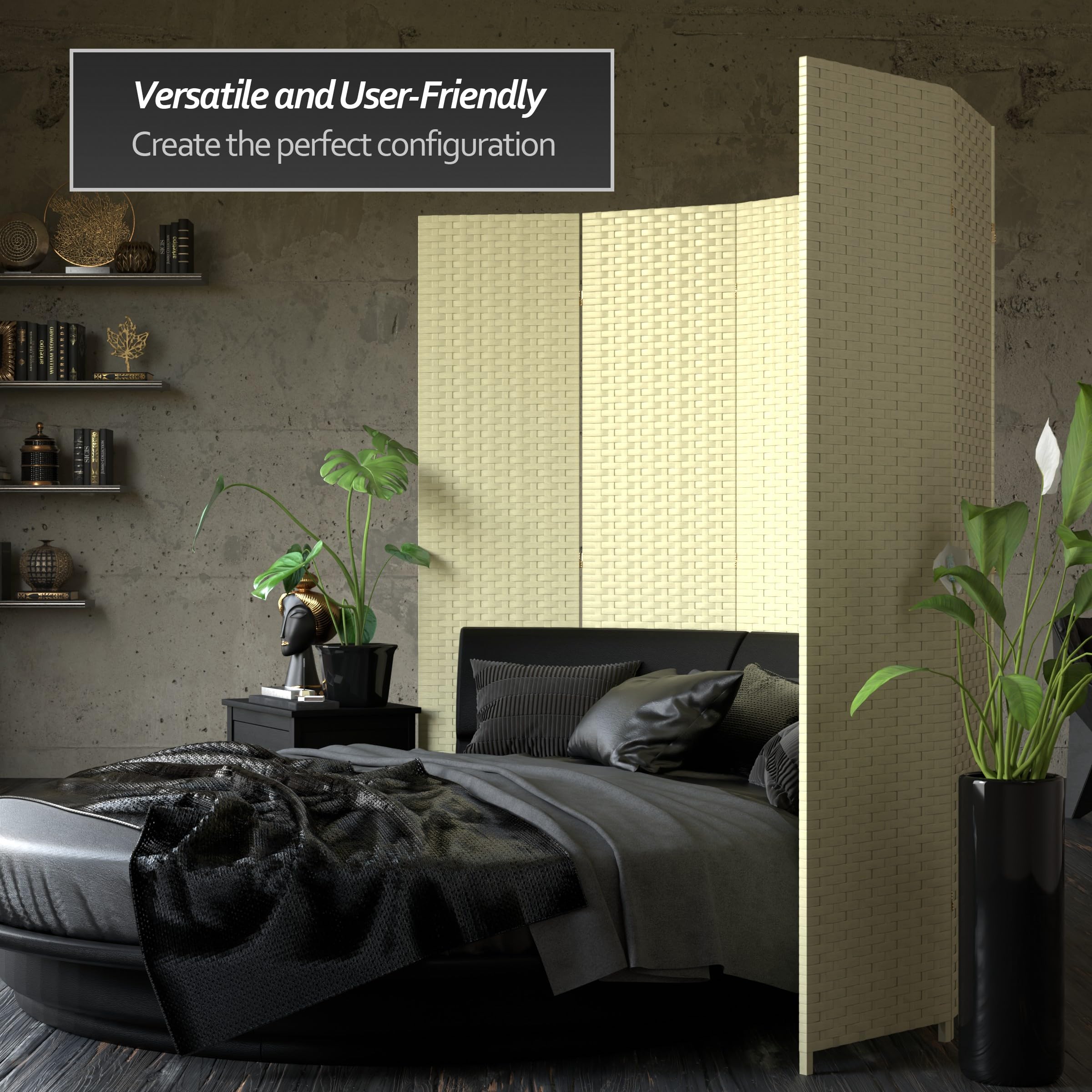 7 ft. Tall Red Lantern Woven Fiber Cream Room Divider - 3 Panel Folding Privacy Screen for Home, Office & Wedding Decor