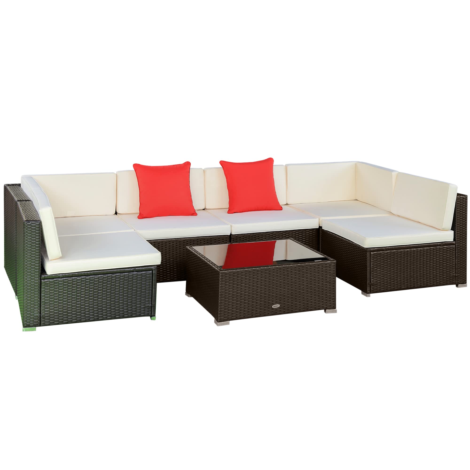 Outsunny 7-Piece Outdoor Patio Furniture Set - PE Rattan Wicker Sectional Sofa with Cushions, Throw Pillows & Coffee Table in Orange & Cream | Perfect for Backyard, Garden, Poolside & Patio Relaxation