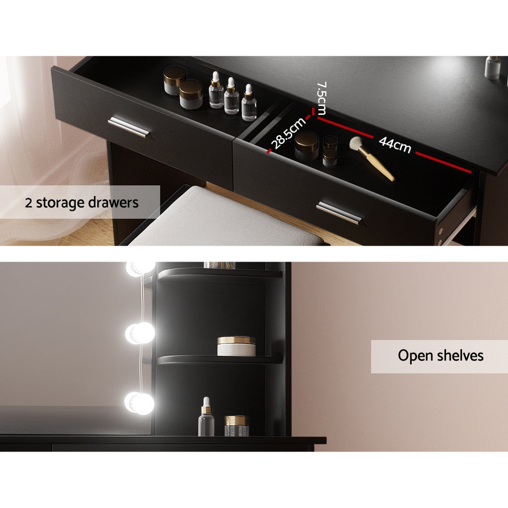 Dulcea LED Vanity Mirror with Stool Set - Black, Adjustable Brightness, Touch Control for Makeup & Skincare - Perfect for Bedroom, Bathroom, and Dressing Room